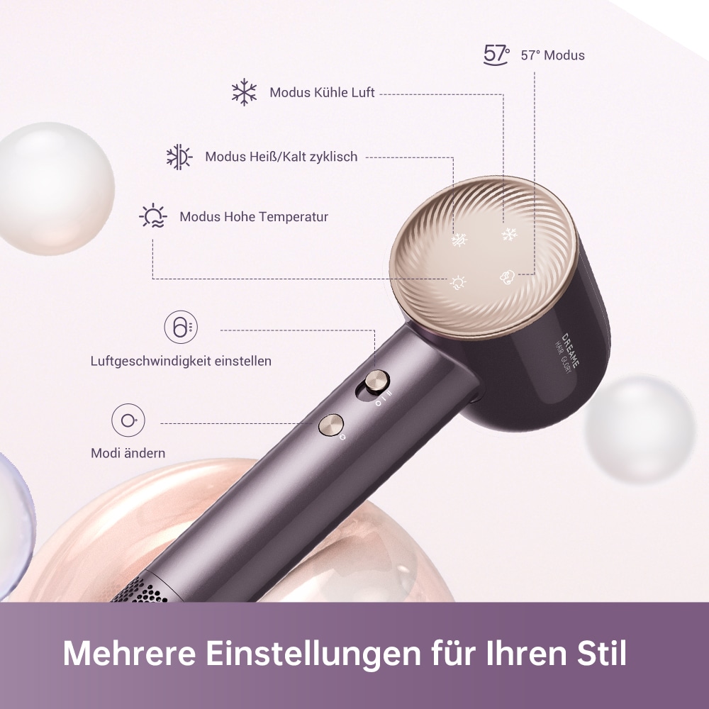 Dreame Haartrockner »Glory Combo Purple« 1.600 W 2 Aufsätze Hitzeschutz, Diffusor, Ionen