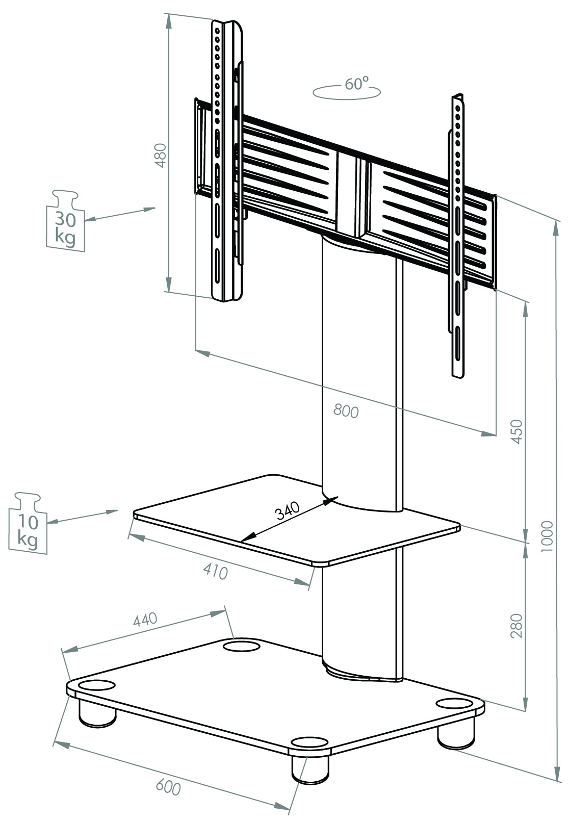 VCM TV-Rack »TV Standfuß Ständer Rack Alu Glas Rollen Tosal ZW«, (VCM Tosal)