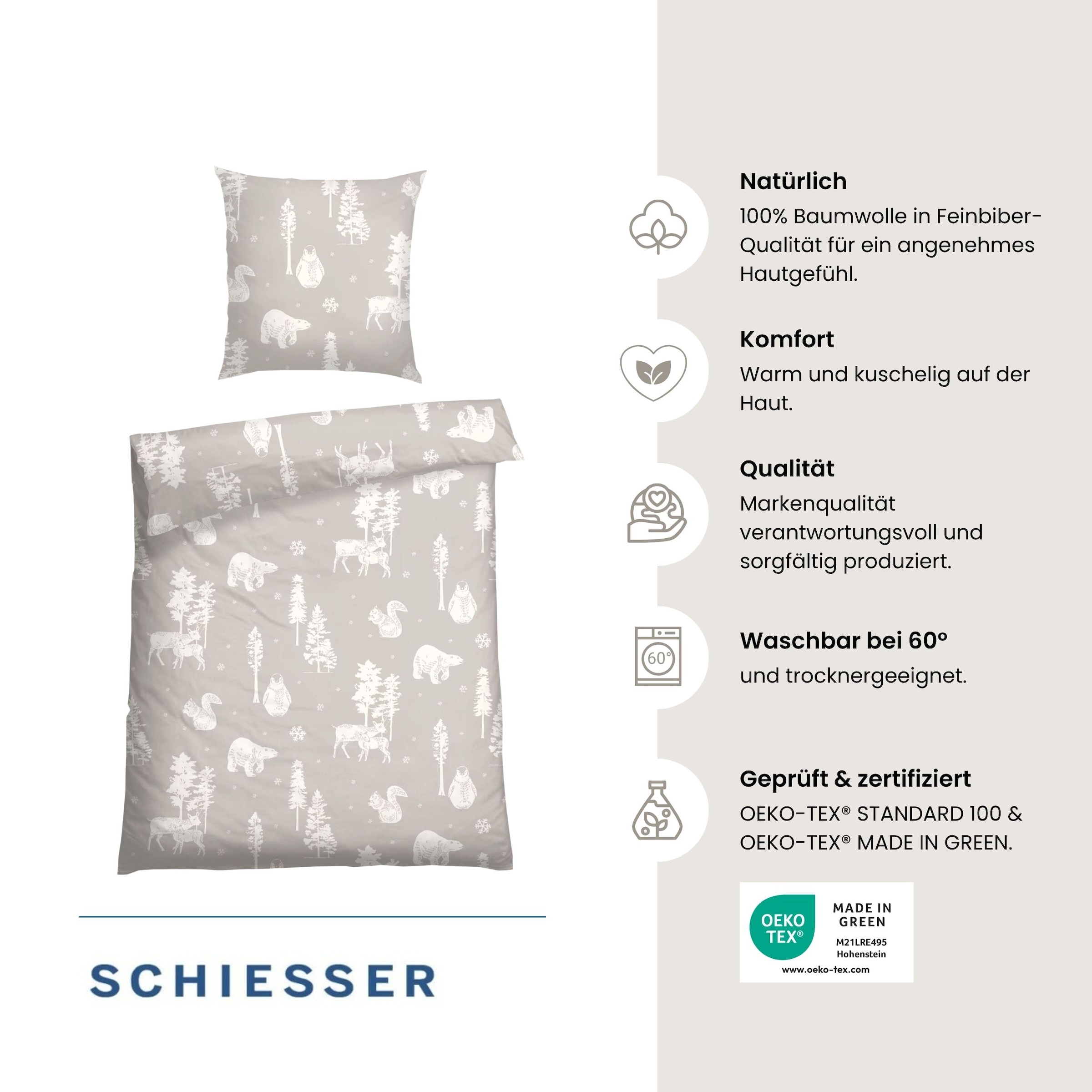 Schiesser Bettwäsche »Nordic aus weichem Baumwoll-Feinbiber mit nordischem Muster« 2 Stk. OEKO-TEX® MADE IN GREEN