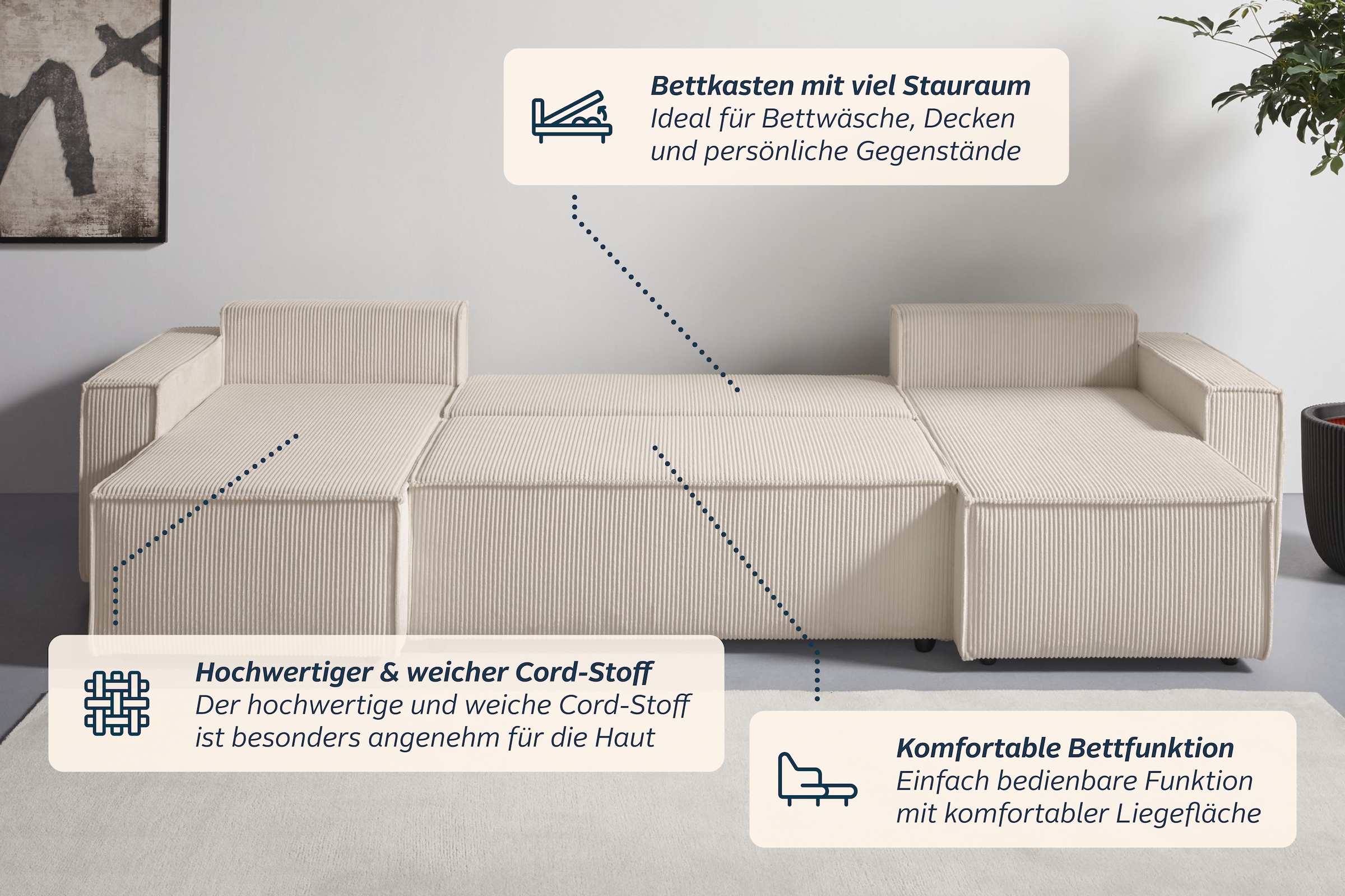 OTTO home Wohnlandschaft »CASSI L-Form, 311cm - OTTO. Verlässliche Qualität.« Schlaffunktion (133/270), Bettkasten, Cord, Unser Tiefpreis