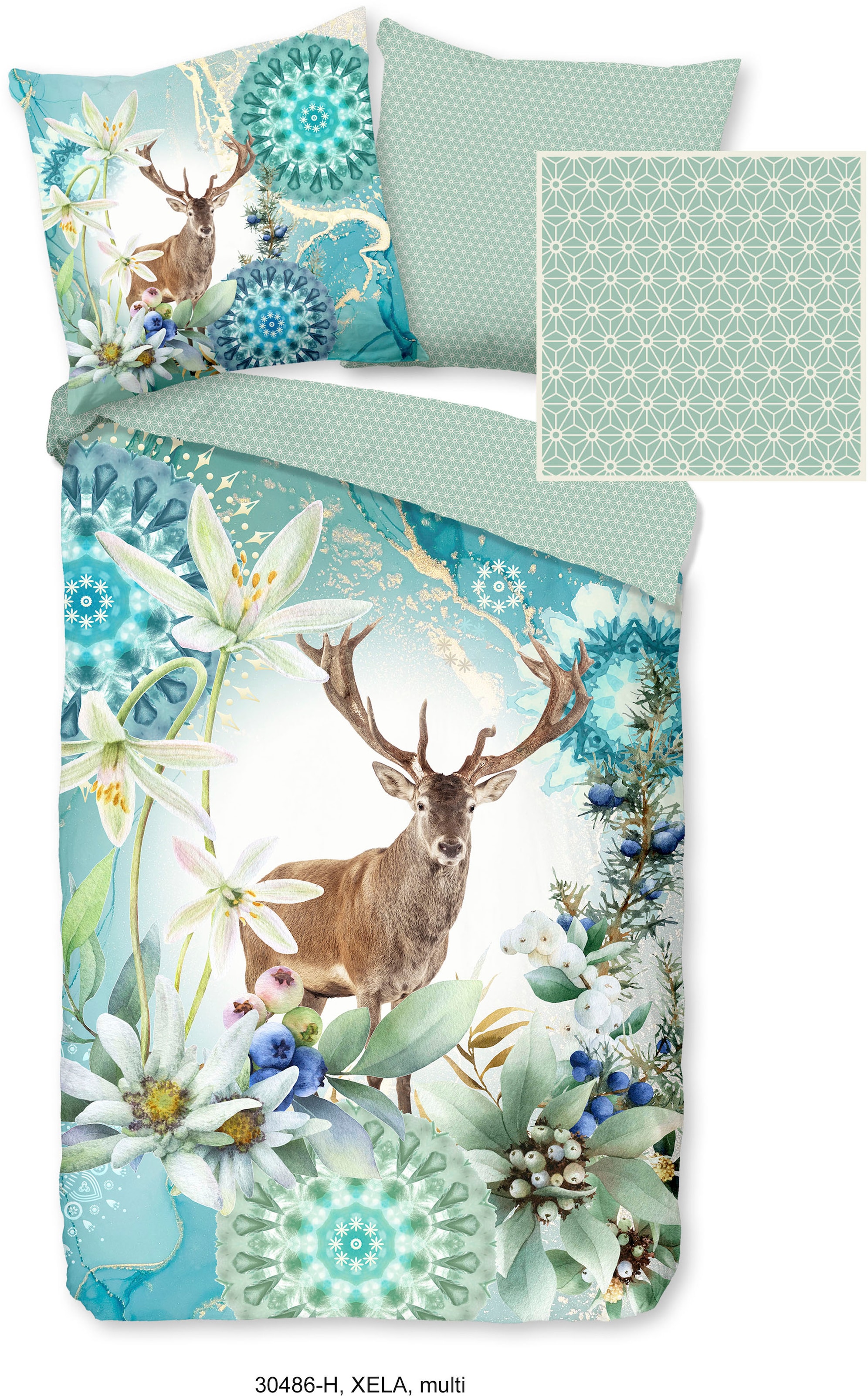 hip Wendebettwäsche »Xela«, Mako-Satin, 135x200, Reißverschluss, Wendeoptik, Winter, Reh, Grün