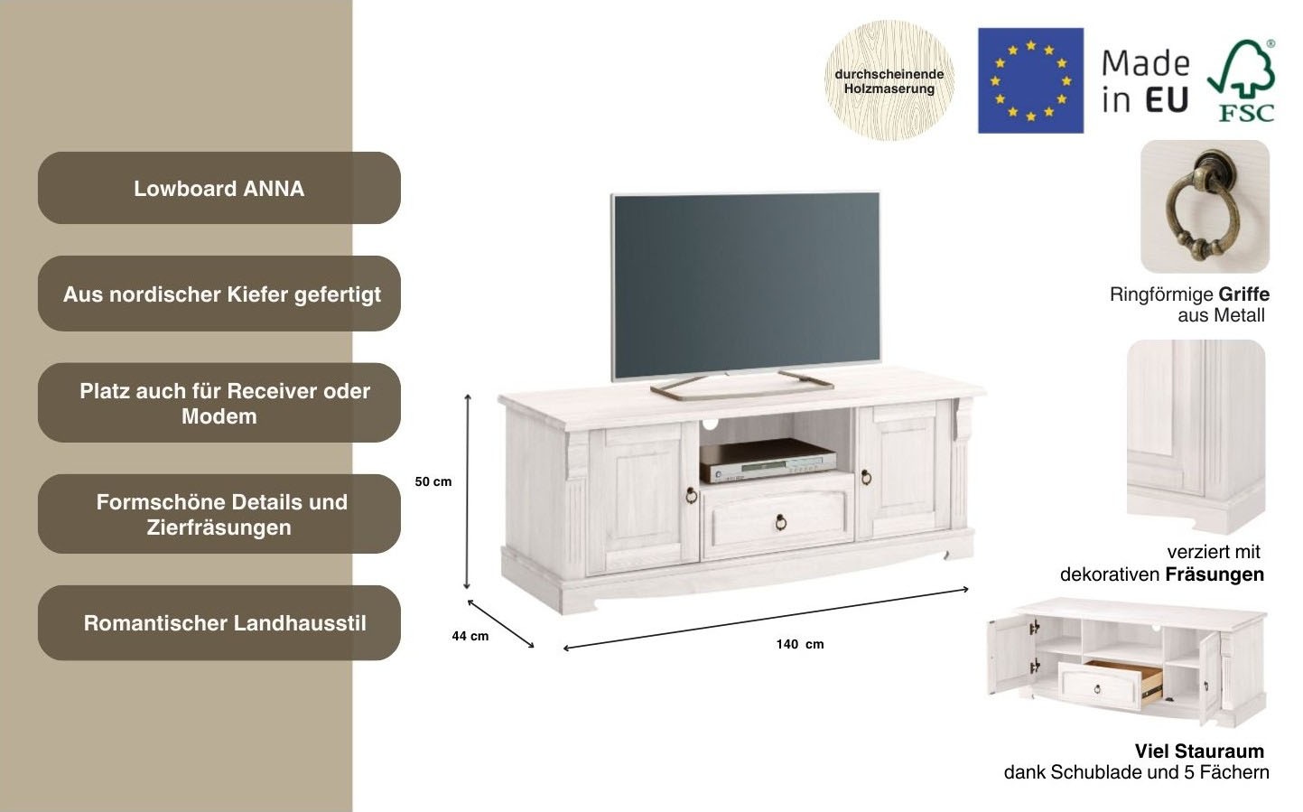 OTTO home Lowboard »Anna« Gesamtmaße (B/T/H): ca. 140/44/50 cm,  TV-Board, Breite 140 cm, 2 Türen, 1 Schublade, Massivholz, FSC®