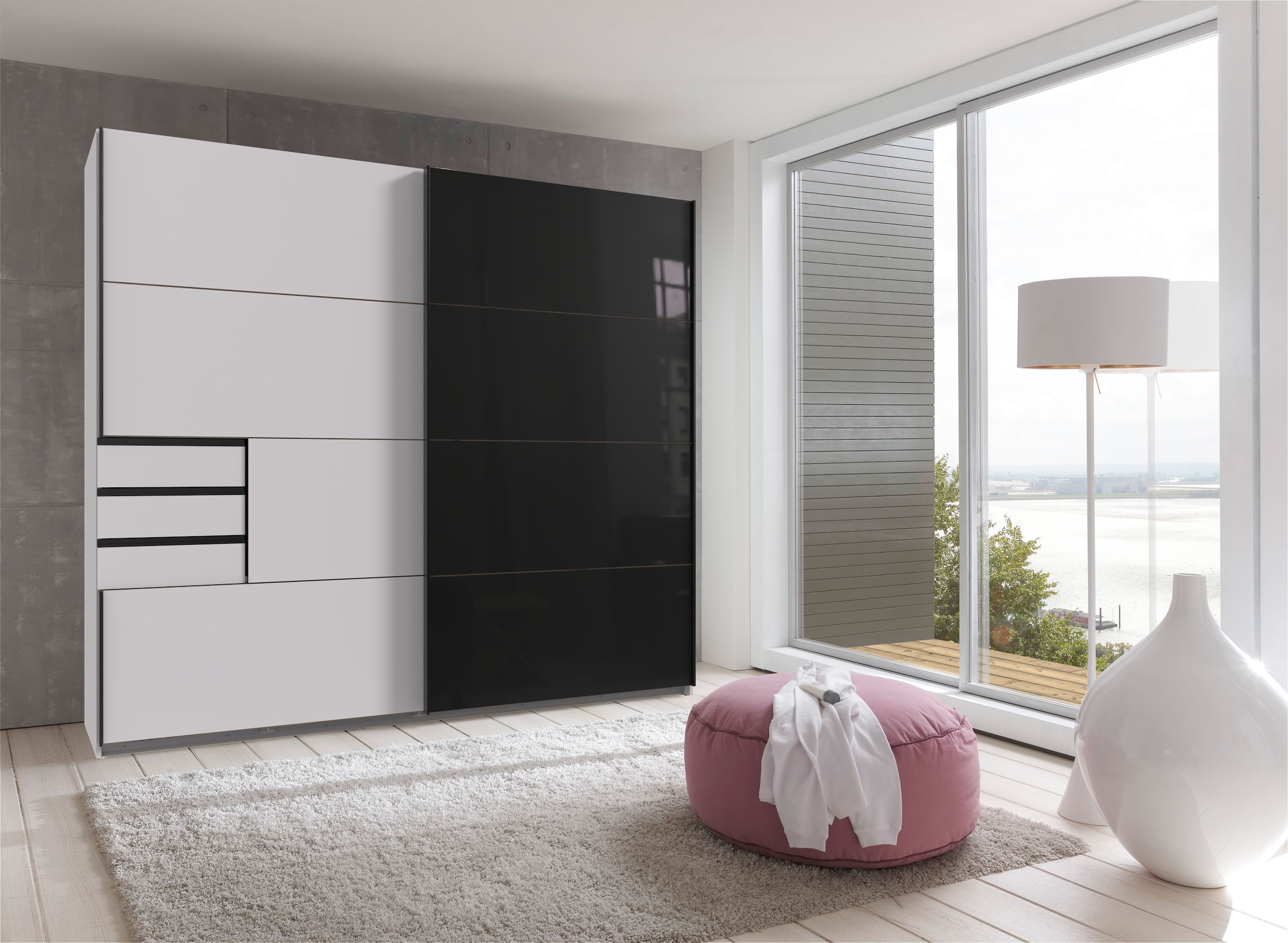 Wimex Schwebetürenschrank »Leonberg, Kleiderschrank mit 3 Schubladen«, mit graphitfb.Glasfront, 225cm breit, 208cm hoch