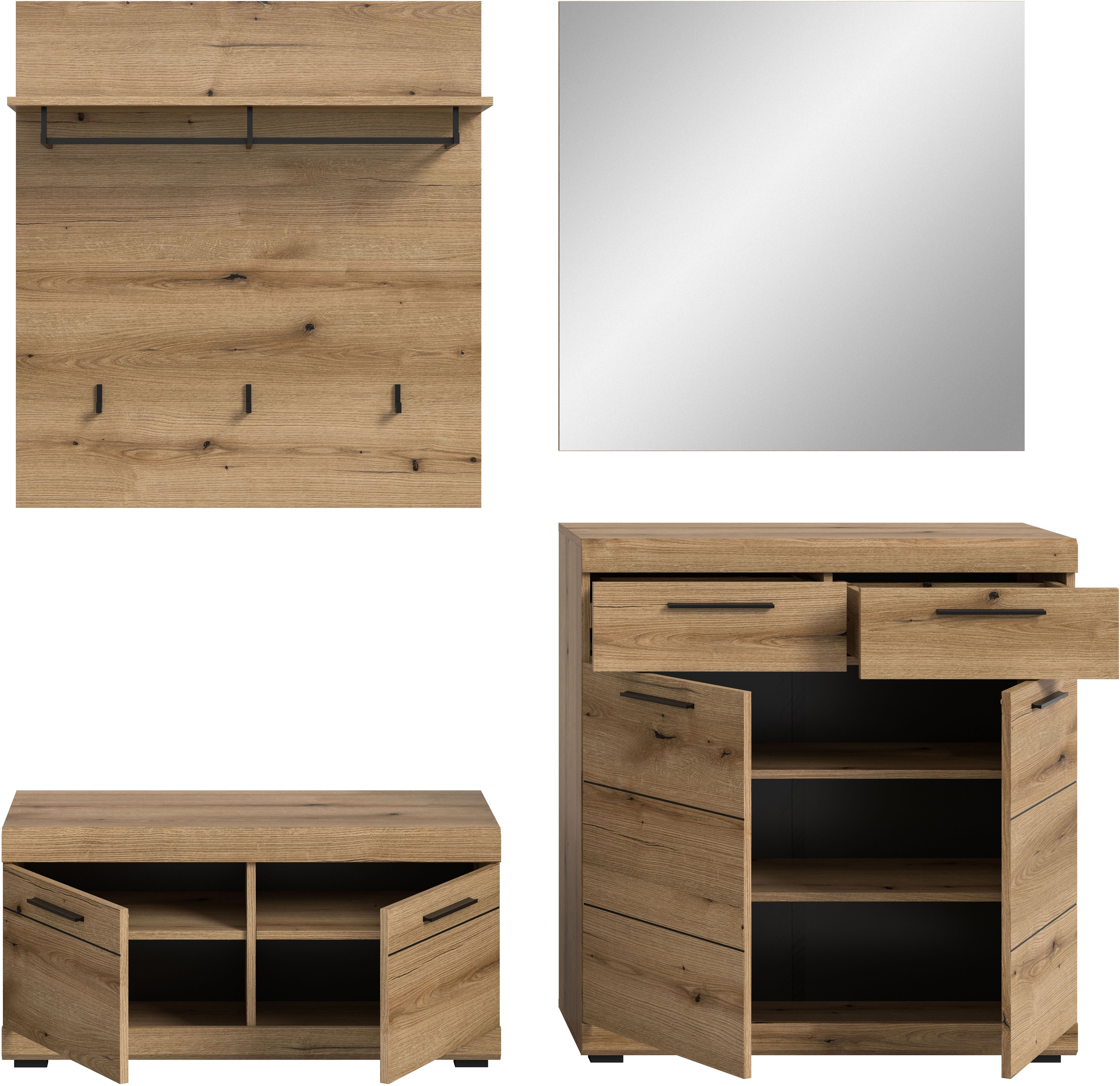 INOSIGN Garderoben-Set »Siena, Fronten mit hochwertiger Rillenfräsung, 4-teilig,bestehend aus:« Komplett-Set, bestehend aus: Sitzbank, Garderobenpaneel, Schuhschrank und Spiegel, 4 Stk. tlg.