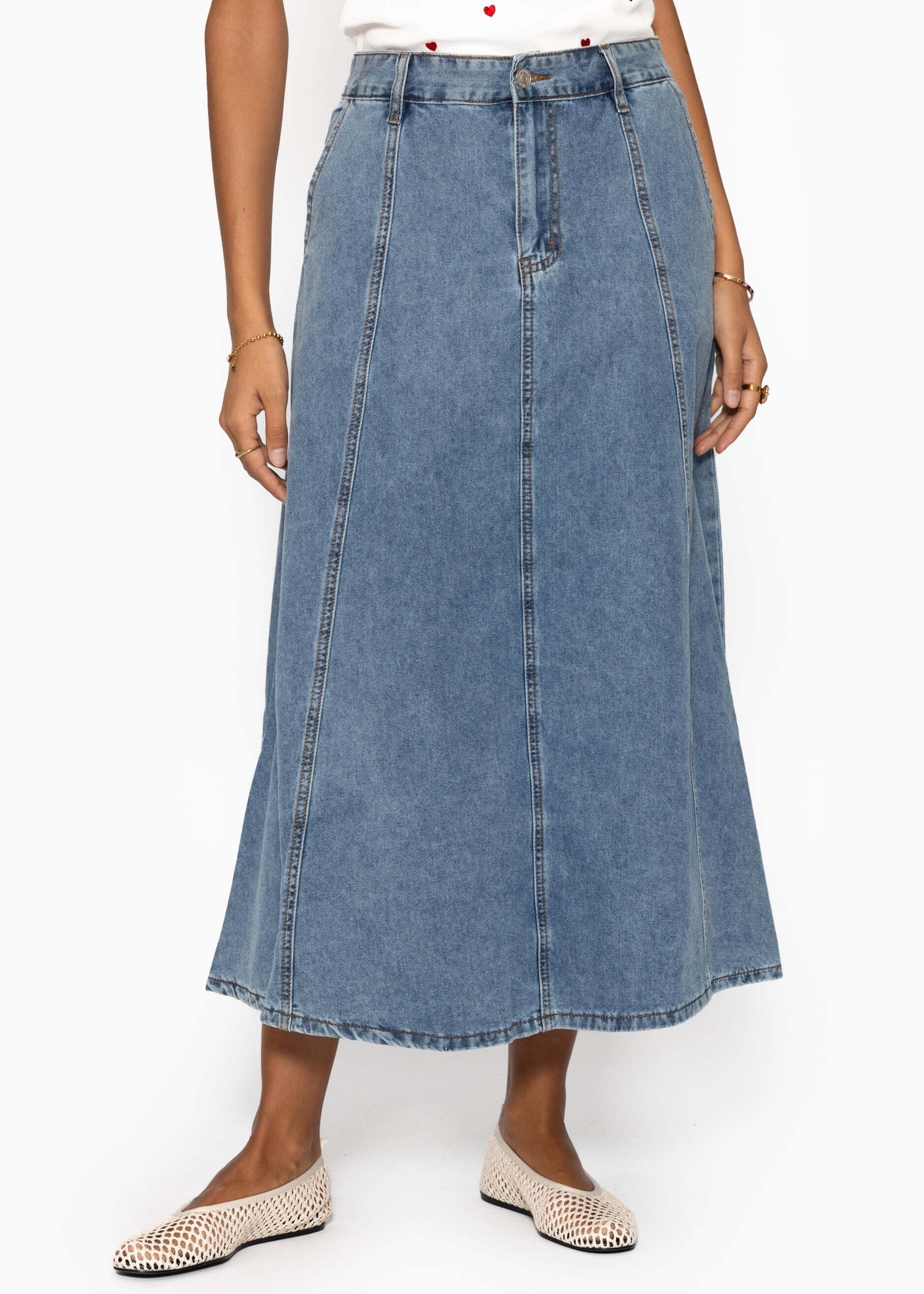SASSYCLASSY Jeansrock »Midi Jeans Rock mit Teilungsnähten« Midi Rock Damen aus Baumwolle mit Teilungsnähten Blau