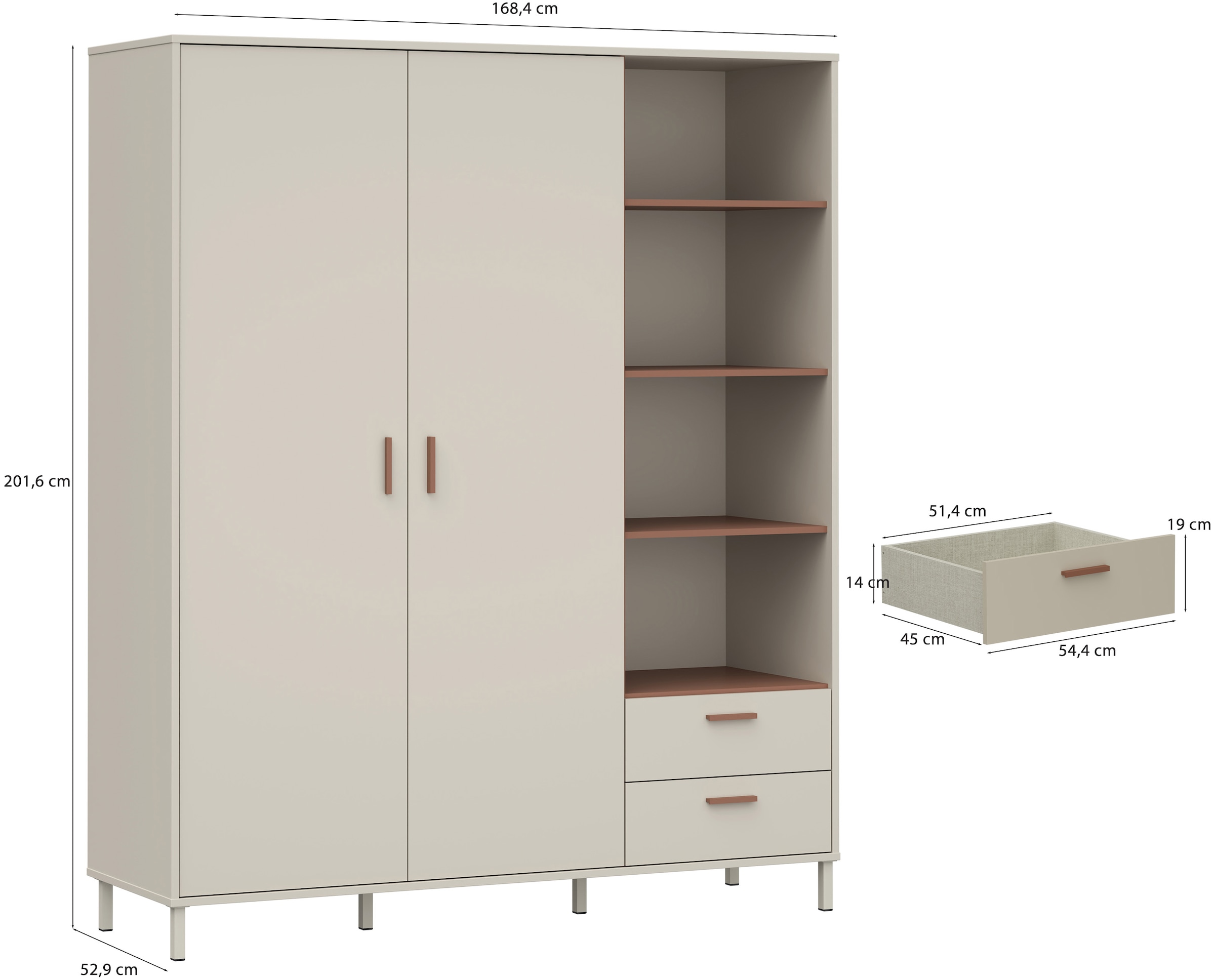 FORTE Drehtürenschrank »Milles« trendiges Dekor, Vollauszug Schubkästen, Metallbeine