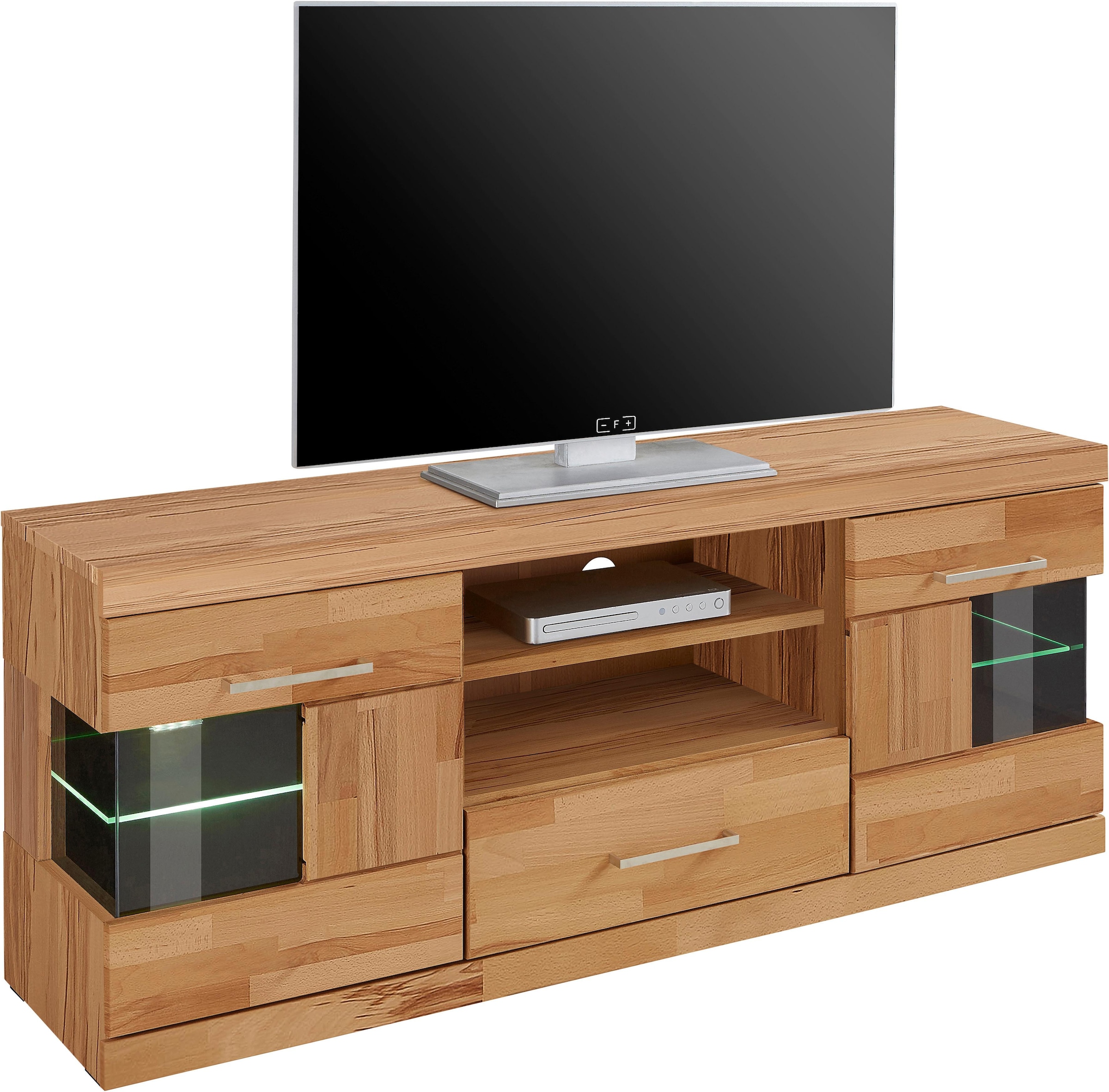Home affaire Lowboard »Ribe,140cm breit, Fronten Massivholz,6 Fächer,Kabeldurchführung«, Korpus Holzwerkstoff,Glaseinsatz aus gehärtetem Glas,Böden versetzbar
