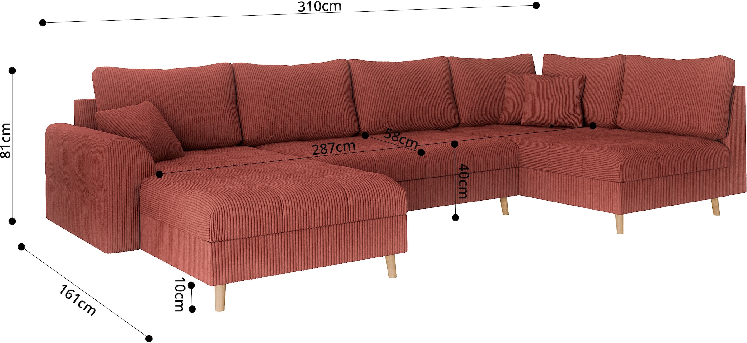 Home affaire Wohnlandschaft »CHARRE U-Form mit Ottomane, Maße B/T/H: 310/161/81 cm«, feine Steppung, lose Rücken- und Zierkissen, auch in Cord und Bouclé
