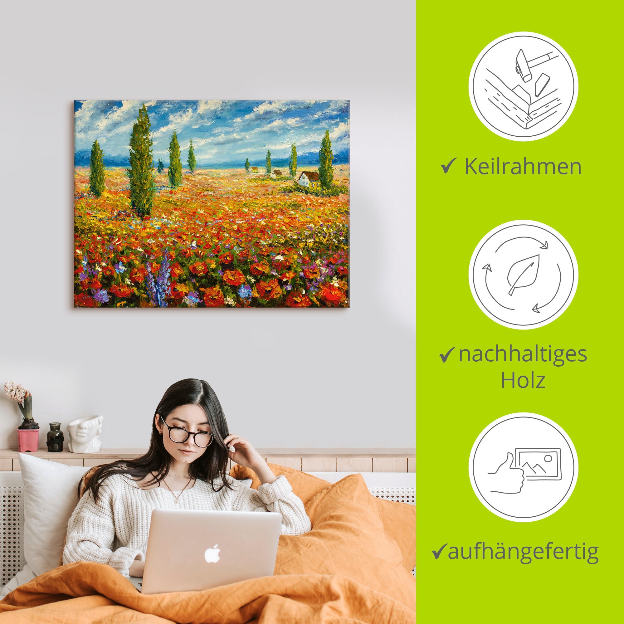 Artland Leinwandbild »Mohnblumenwiese« Blumenwiese 1 Stk. tlg. auf Holzrahmen gespannt