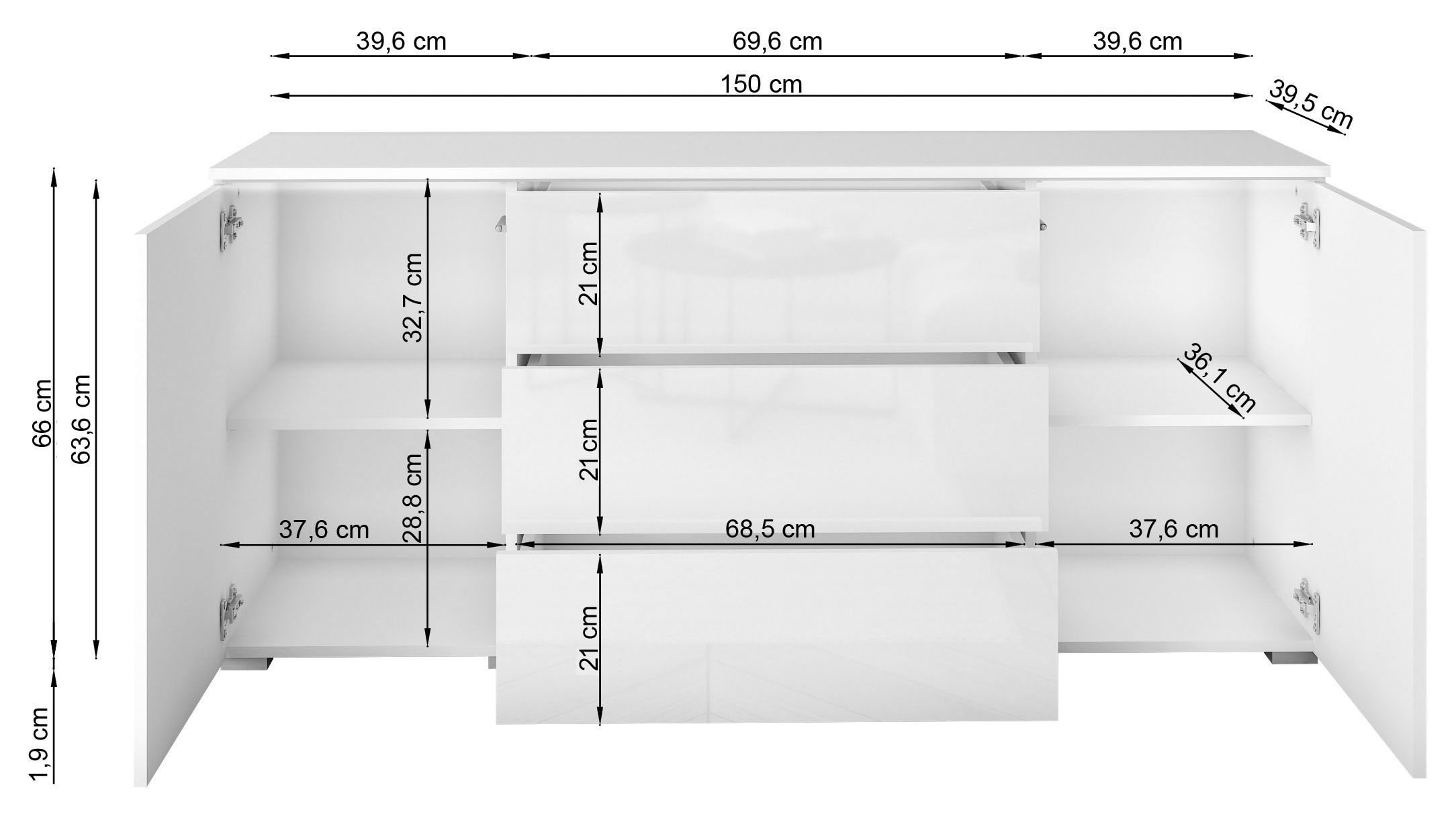 INOSIGN Sideboard »VERA«, moderne grifflose Kommode Breite 150 cm, Einlegeböden verstellbar