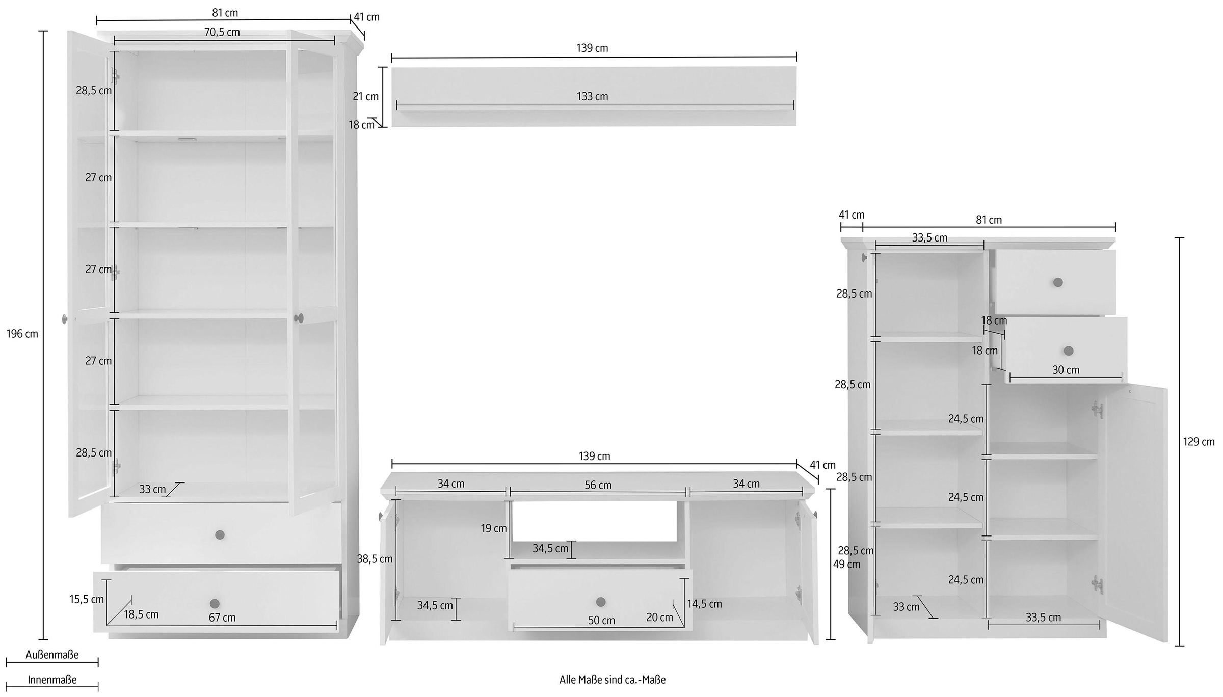 Home affaire Wohnwand »Örebro«, (Set, 4 St.), zeitloser Landhausstil, mit Vollauszug, Beleuchtung optional