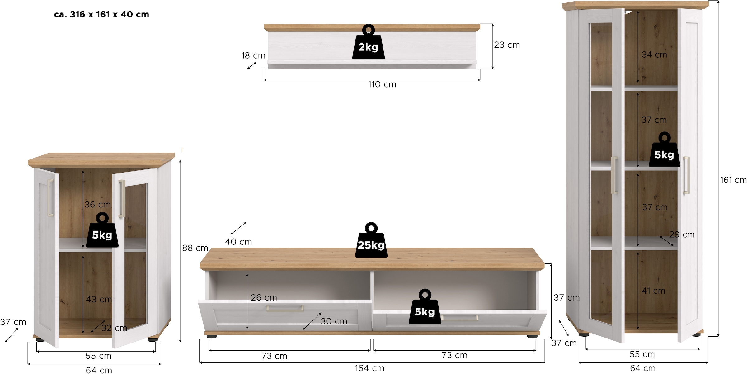 Home affaire Wohnwand »Cosenza«, (Set, 4 St.), Cosenza, Breite: 336 cm,2xVitrine,Lowboard, Wandboard