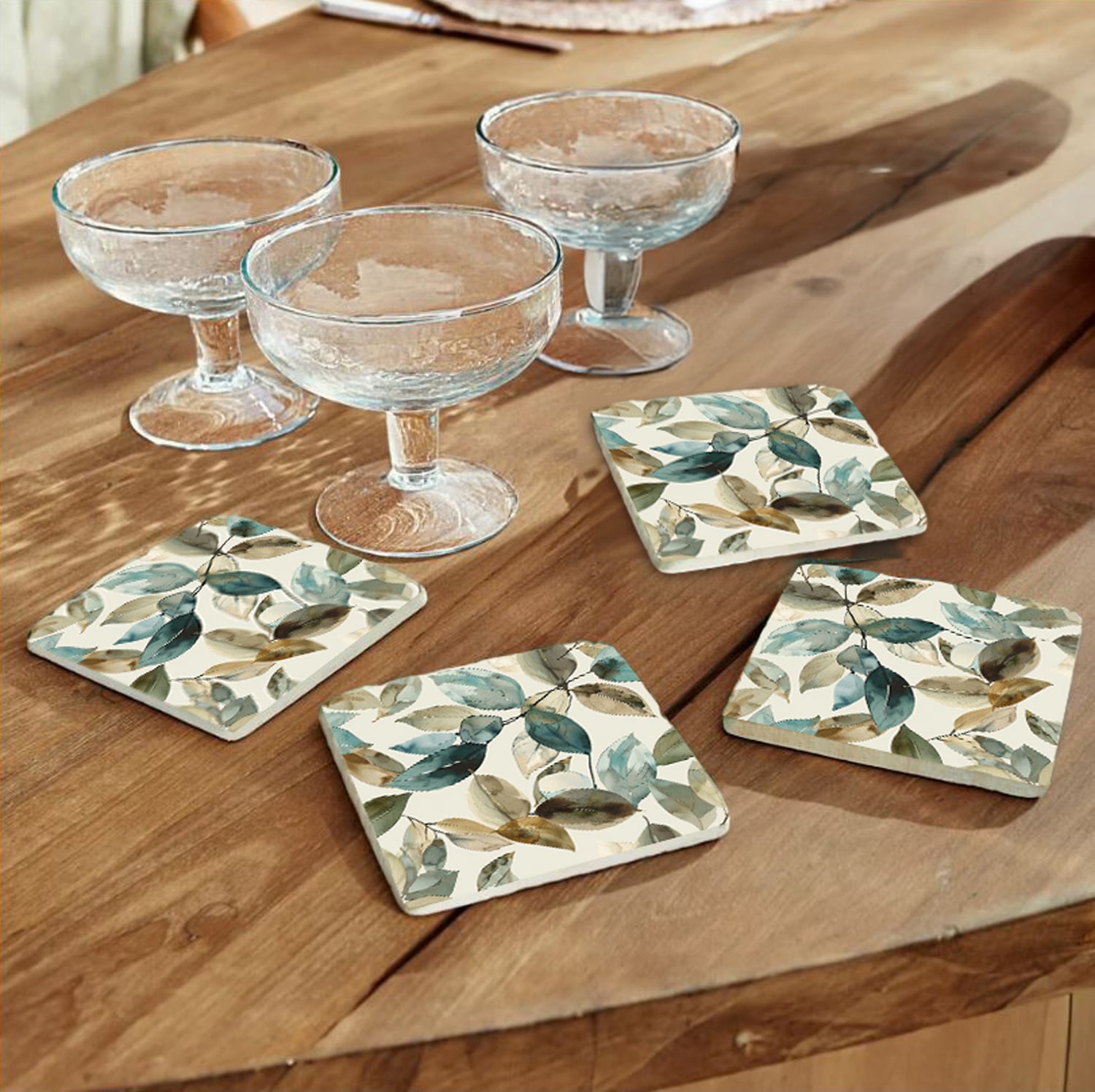 queence Getränkeuntersetzer »Herbst Blätter Braun Motiv Steine Fliesen«, (Set, 4 tlg.), Blätter Set Topfuntersetzer Naturstein Untersetzer 10x10x1cm