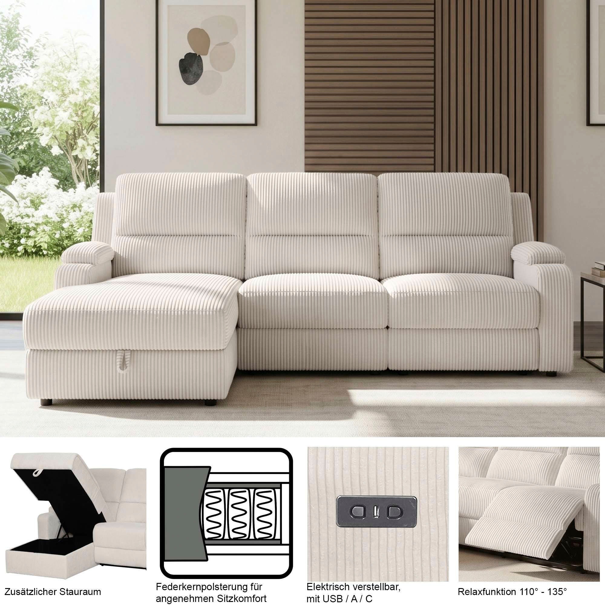 OTTO home Ecksofa »NAPORI Microfaser, L-Form, 210cm, man./elektr. Relaxfunktion« USB-A bei elektr. Variante, Staukasten, Seitentaschen u. Federkern
