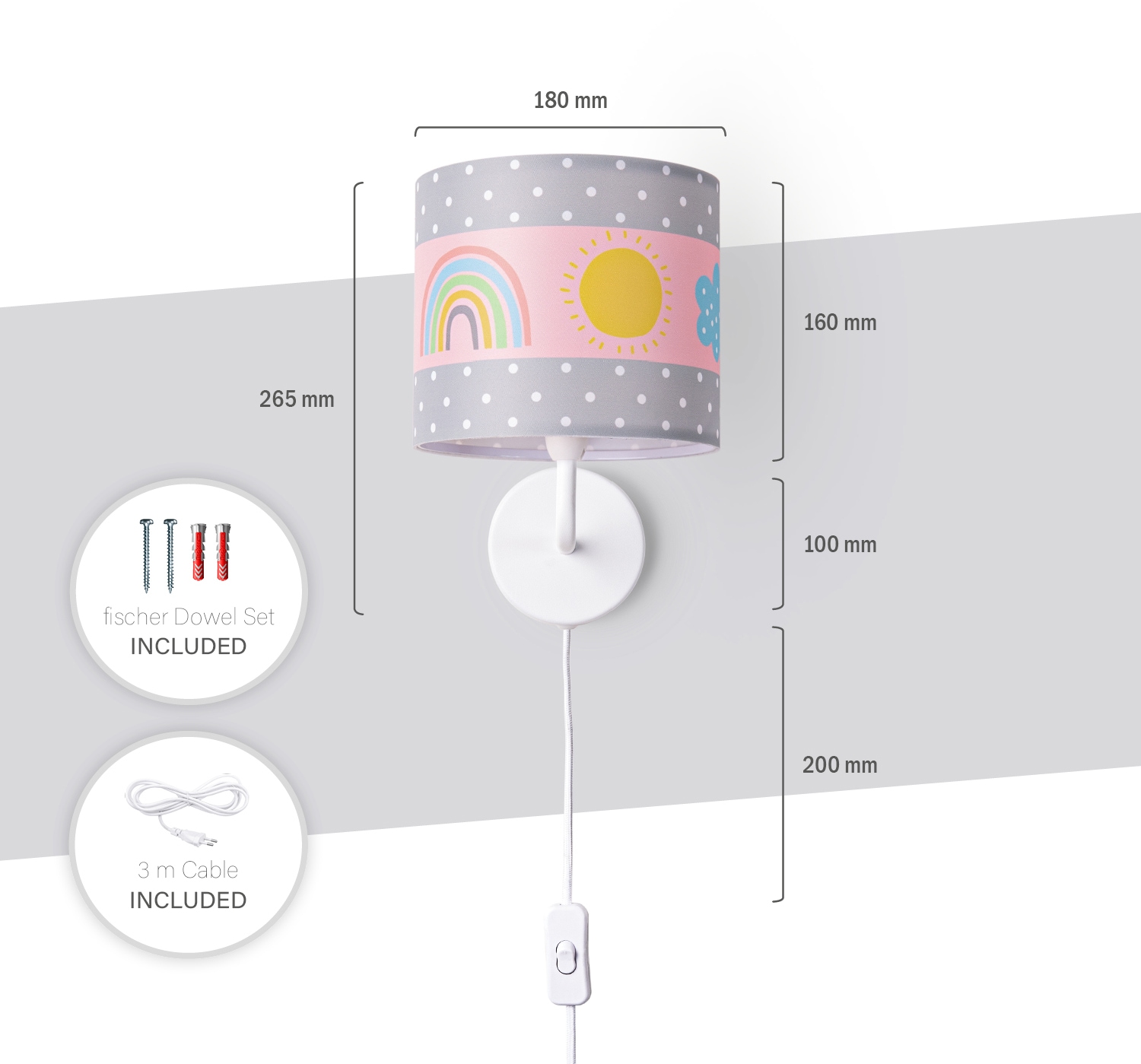 Paco Home Wandleuchte »Cosmo 962« E14 Lampe Kinderzimmer  Stecker  âˆ…18cm Regenbogen Wolken Sonne E14
