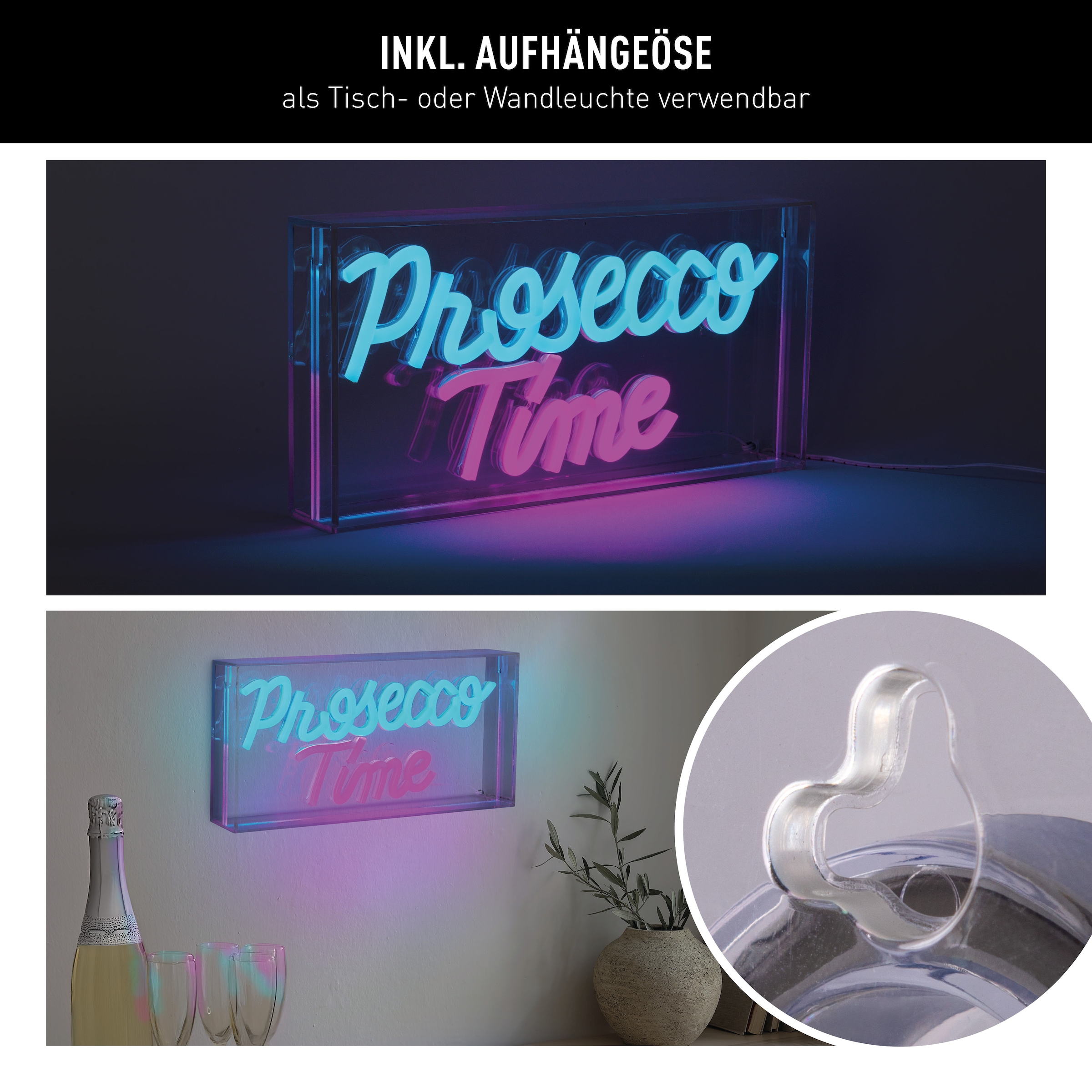 näve LED Dekolicht »PROSECCO TIME« LED-Modul 1 Stk. blau | rot Schriftzug beleuchtet blau rot, Tisch- Wandfunktion, transparent, USB
