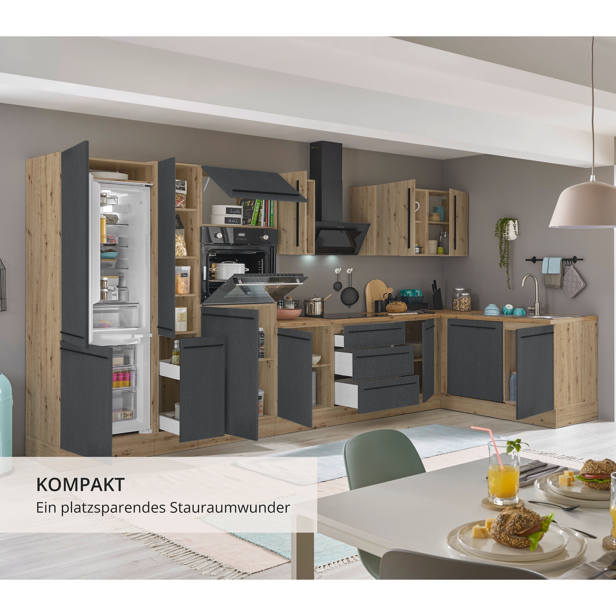 KOCHSTATION Winkelküche »Florida, Stellbreite 370x175 cm« wahlweise mit E-Geräten, mit Softclose für Türen und Schubkästen