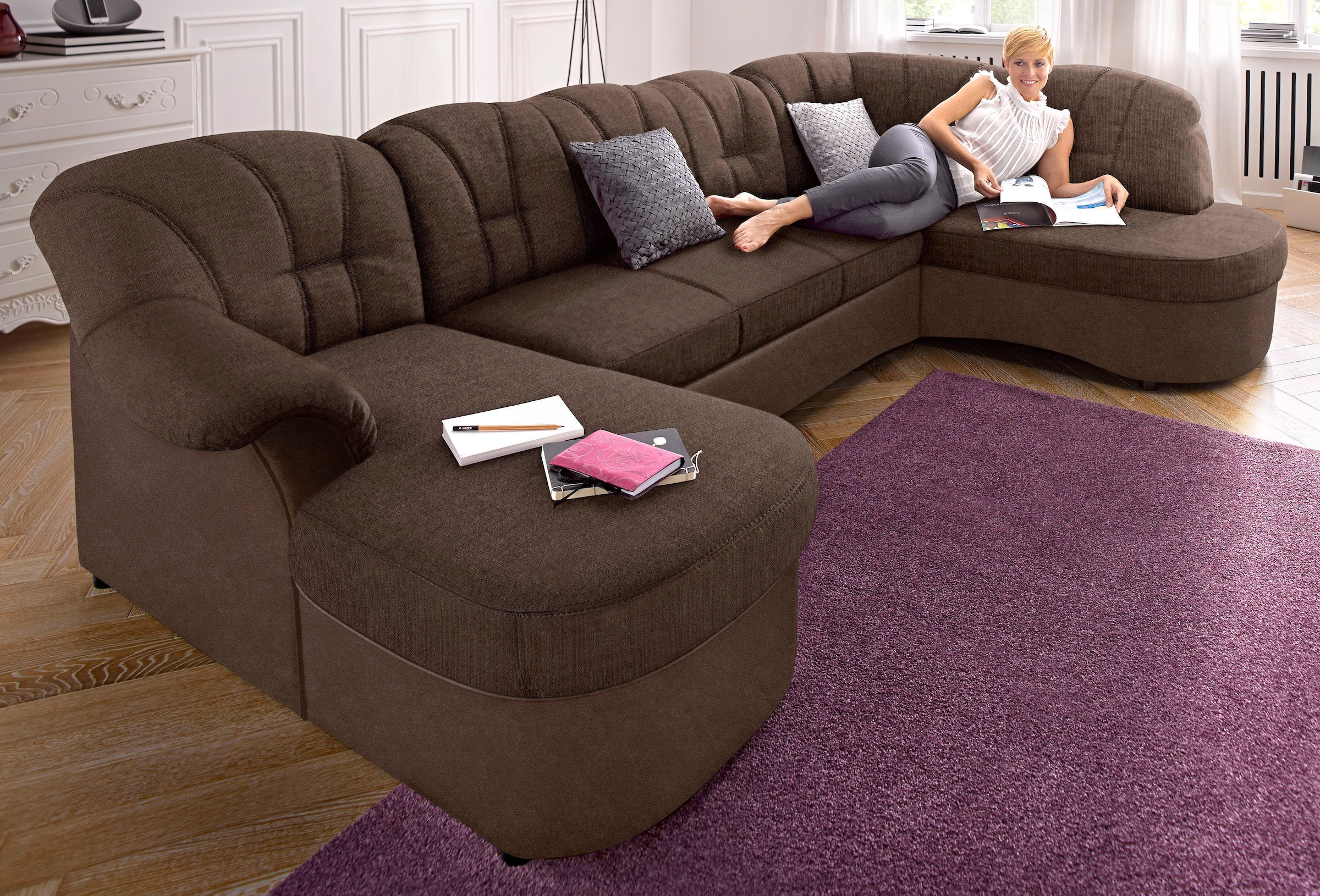 DOMO collection Wohnlandschaft »Flores auch in Leder-Bezug, B/T/H: 293/180/86 cm, U-Form«, (3 St.), wahlweise mit Bettfunktion, wahlweise mit Federkern