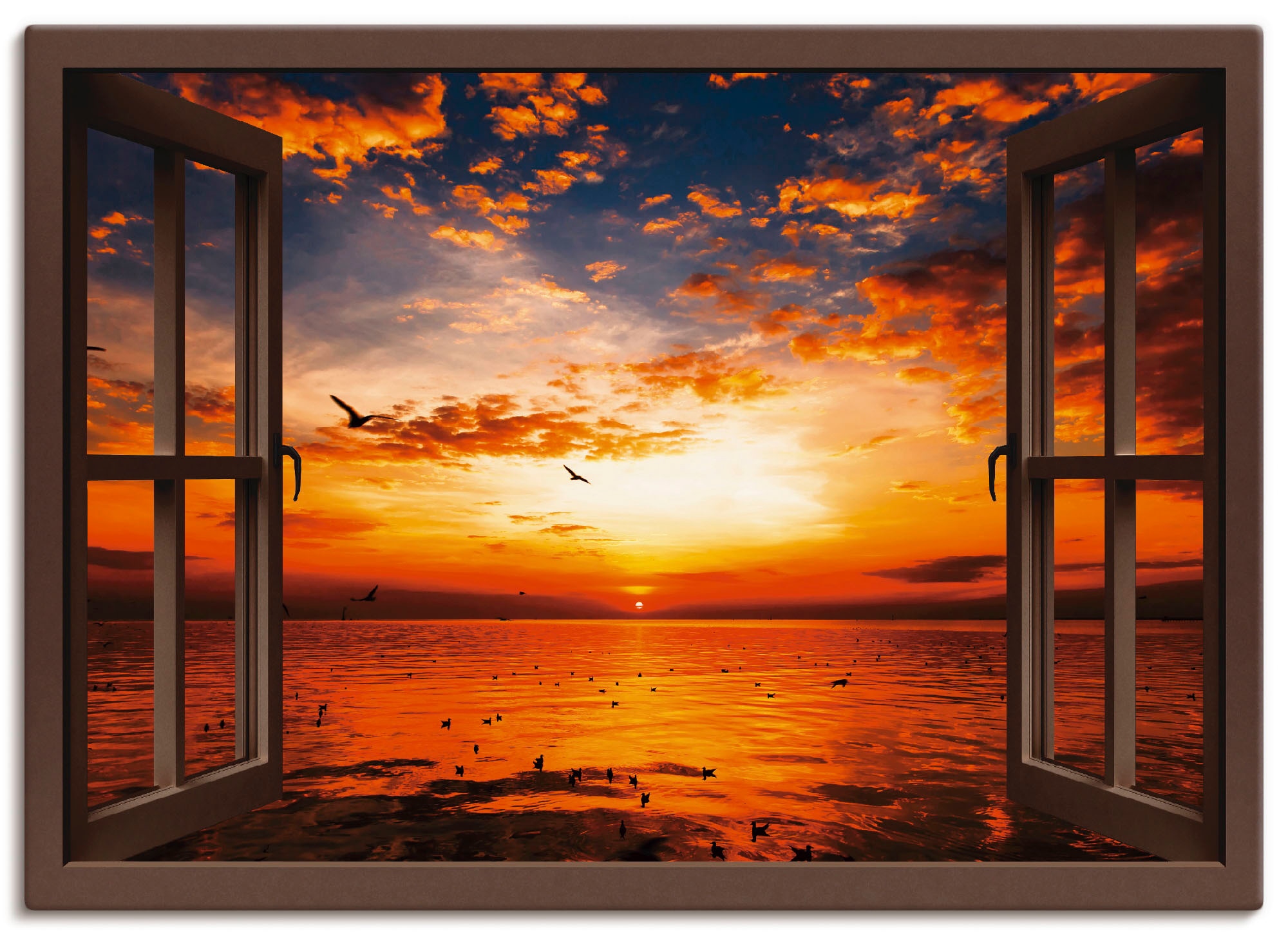 Leinwandbild, St.), Raten kaufen auf Größen am »Fensterblick Artland (1 Wandbild Wandaufkleber Poster, Fensterblick, als Strand«, Sonnenuntergang verschied. in