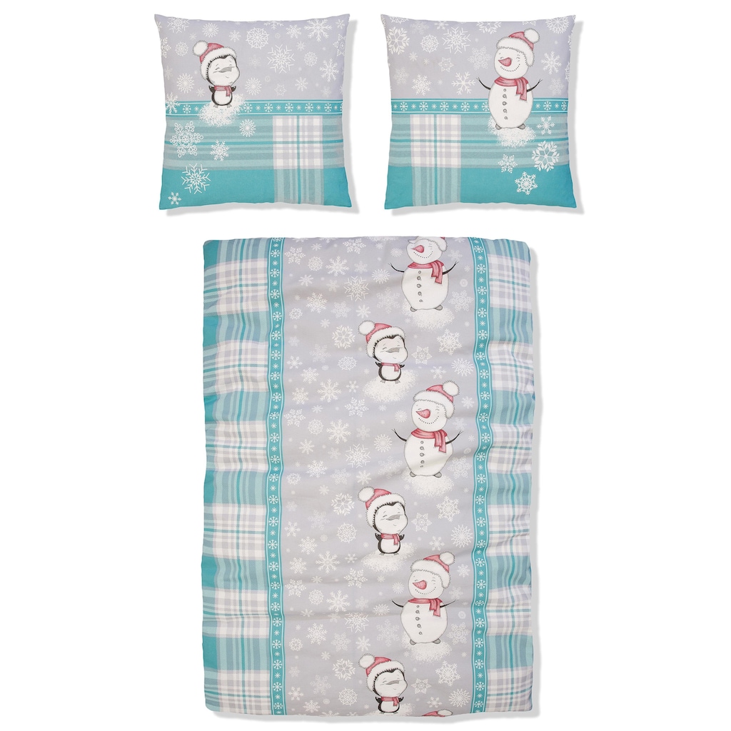 my home Bettwäsche »Snowman im winterlichen Design, aus 100% Baumwolle, Biber (Flannell) Qualität, Bett- und Kopfkissenbezug mit Reißverschluss, Bettwäsche Set unterstützt die Initiative Cotton made in Africa, Made in Green zertifiziert«, (2 tlg.)