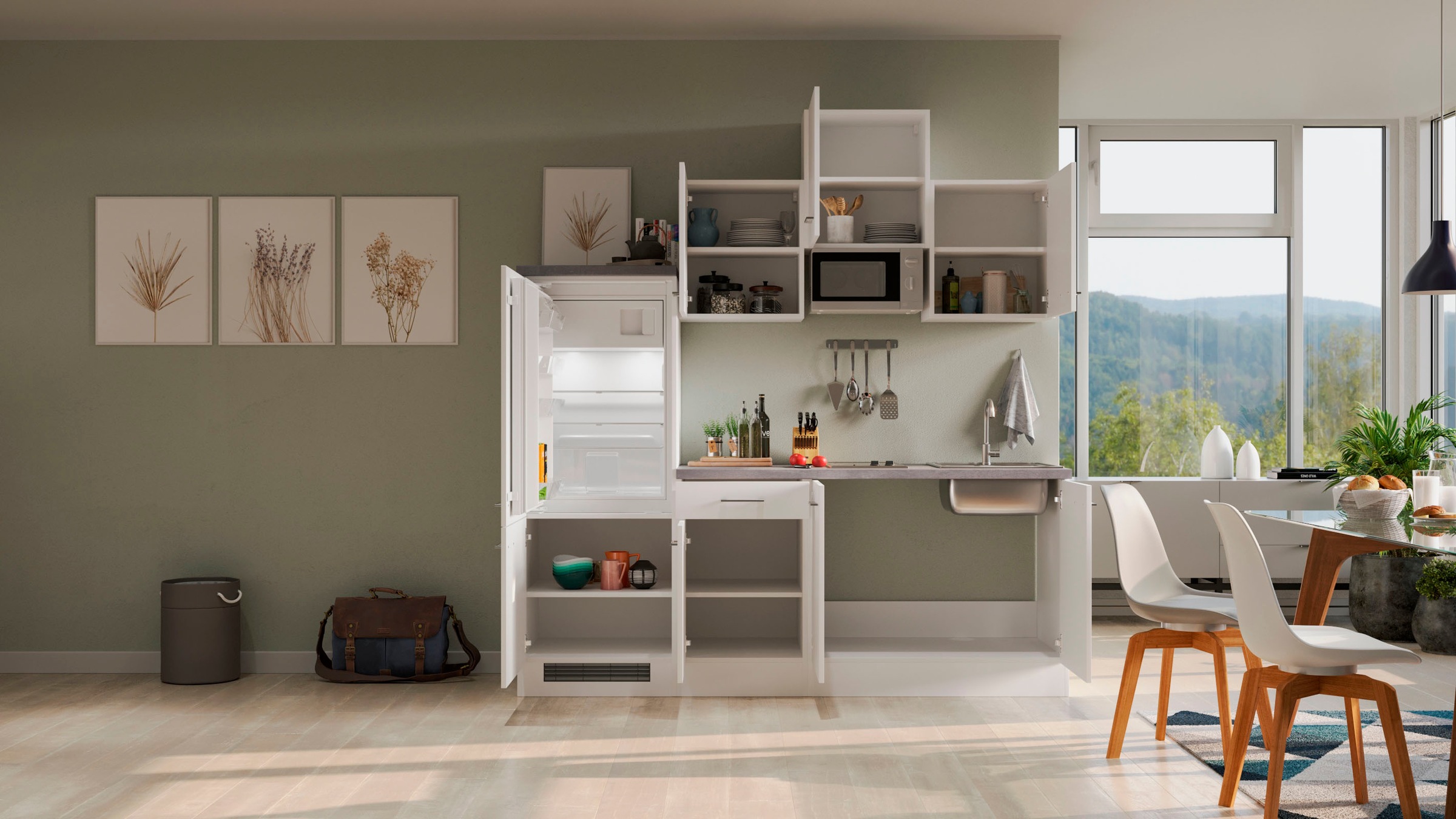 Flex-Well Küchenzeile »Kopenhagen« Breite 210 cm, mit Kühlgerät und Glaskeramikkochfeld sowie Mikrowelle