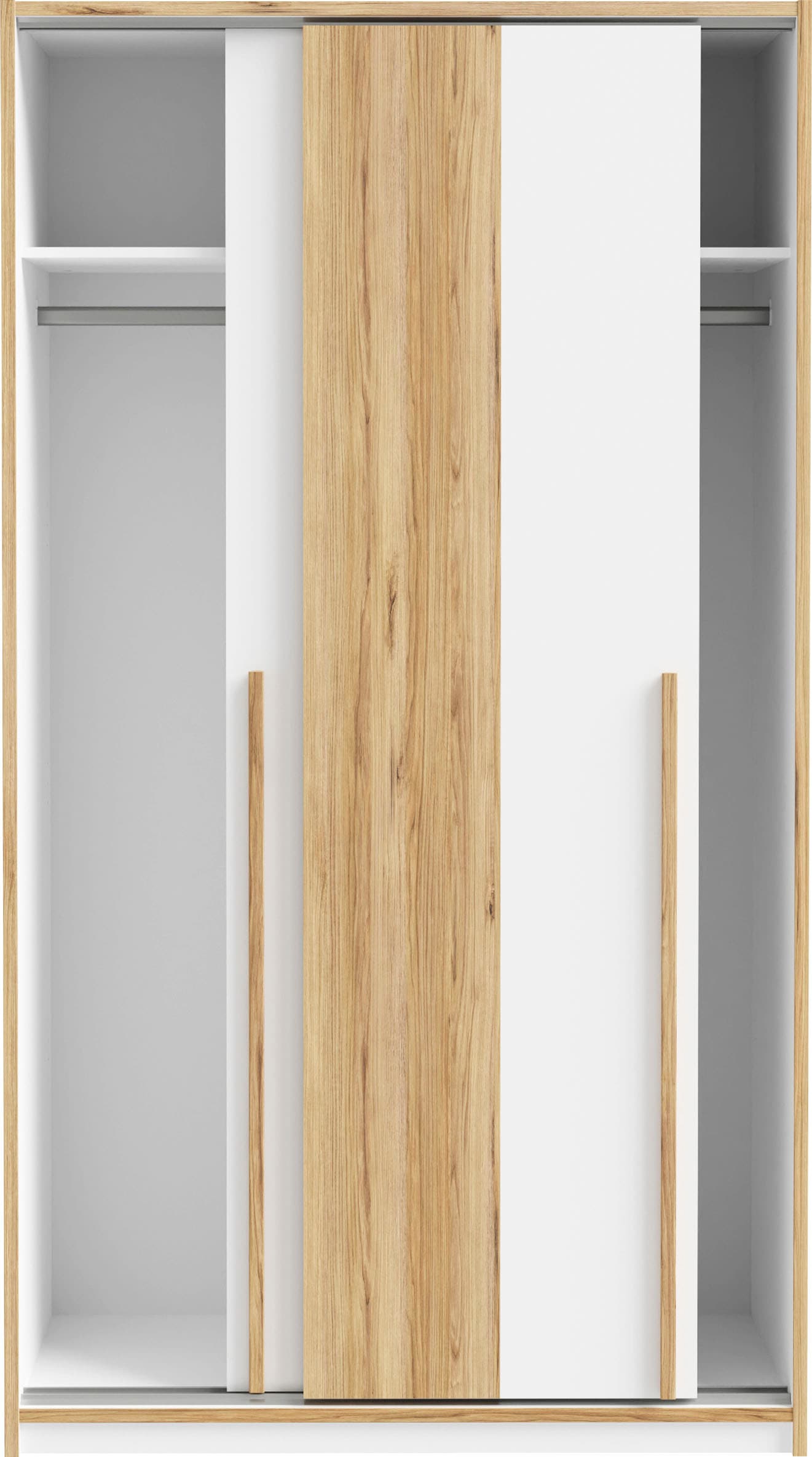 FORTE Schwebetürenschrank »Skandinavisches Design, Holzoptik kombiniert mit Weiß«, (B/H/T ca. 119/215/57cm), ideal für kleine Räume, passend zum Schrankbett, 2 Einlegeböden