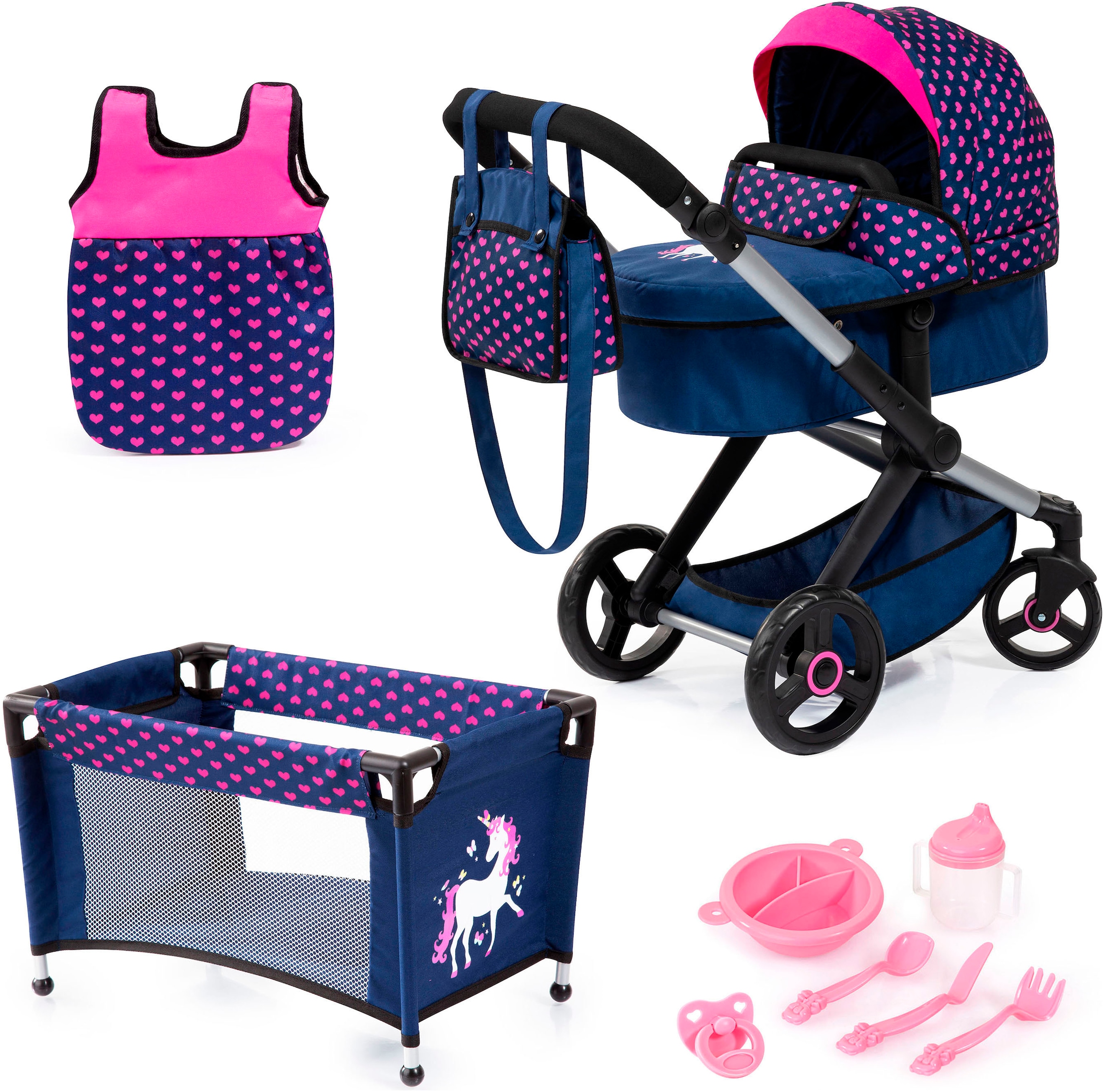 Kombi-Puppenwagen »Xeo Mega, blau/pink«, (Set)