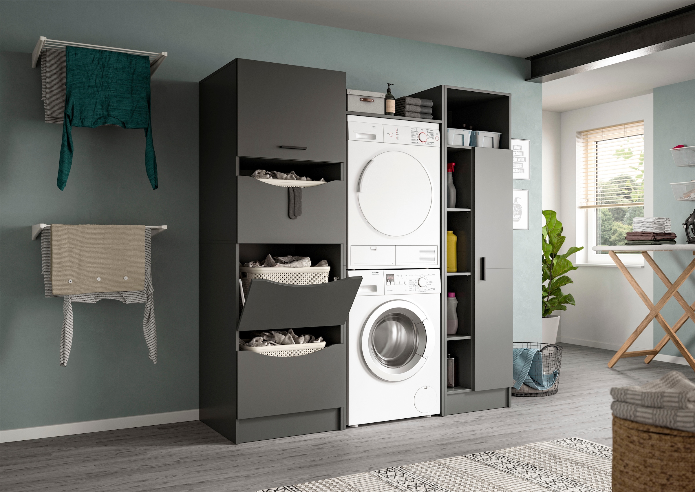 welltime Badmöbel-Set »FALAS, TOPSELLER!, 3-teilig, Hauswirtschaftsraum Set, Breite 176 cm« Set, 1x Wäscheschrank, 1x Waschmaschinenumbauschrank, 1x Mehrzweckschrank, 3 Stk. tlg.