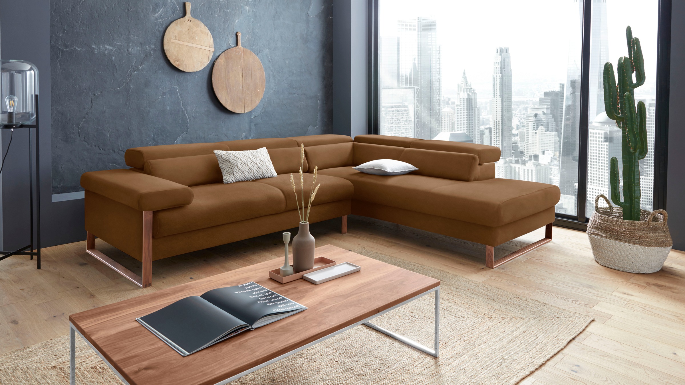 W.SCHILLIG Ecksofa »finn, Designsofa mit tollem Sitzkomfort, bequem, L-Form«, German Design Award 2016, Fußgestell Nussbaum natur, Breite 281 cm
