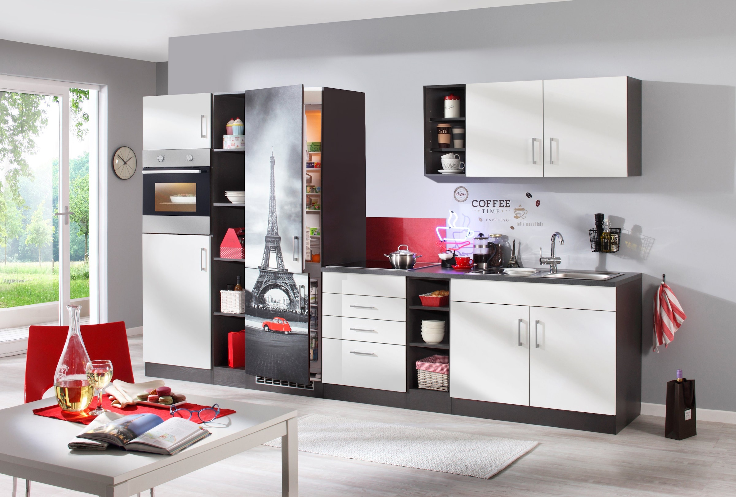 KOCHSTATION Küchenzeile »KS-Paris – Küchen mit einzigartigen Fotomotiven auf den Fronten« Breite 340 cm, wahlweise mit E-Geräten und Induktion