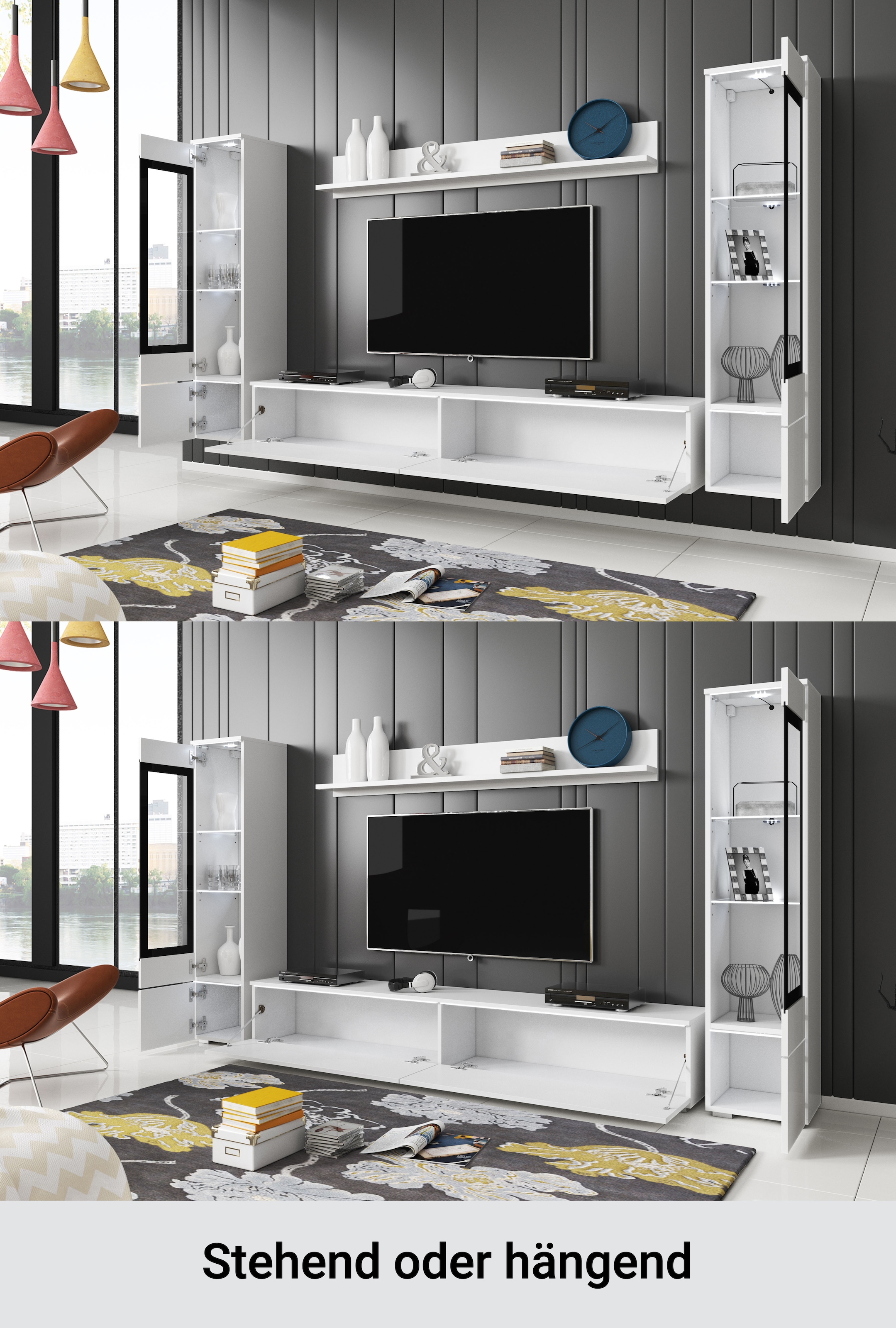 INOSIGN Wohnwand »VERA II, Vitrinen Türanschlag wechselbar«, (Komplett-Set, 4 St.), Mediawand 260 cm, Vitrine mit Verglasung, stehend und hängend