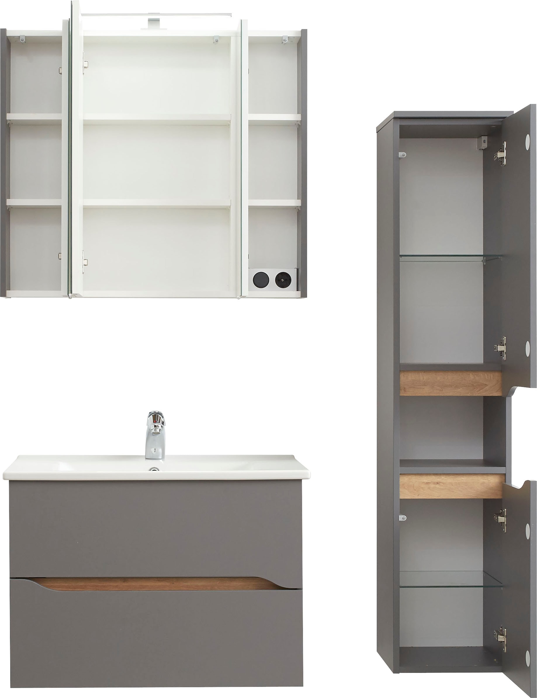 Saphir Badmöbel-Set »Quickset 3-teilig, Keramikwaschtisch mit LED-Spiegelschrank« 3 Stk. tlg.