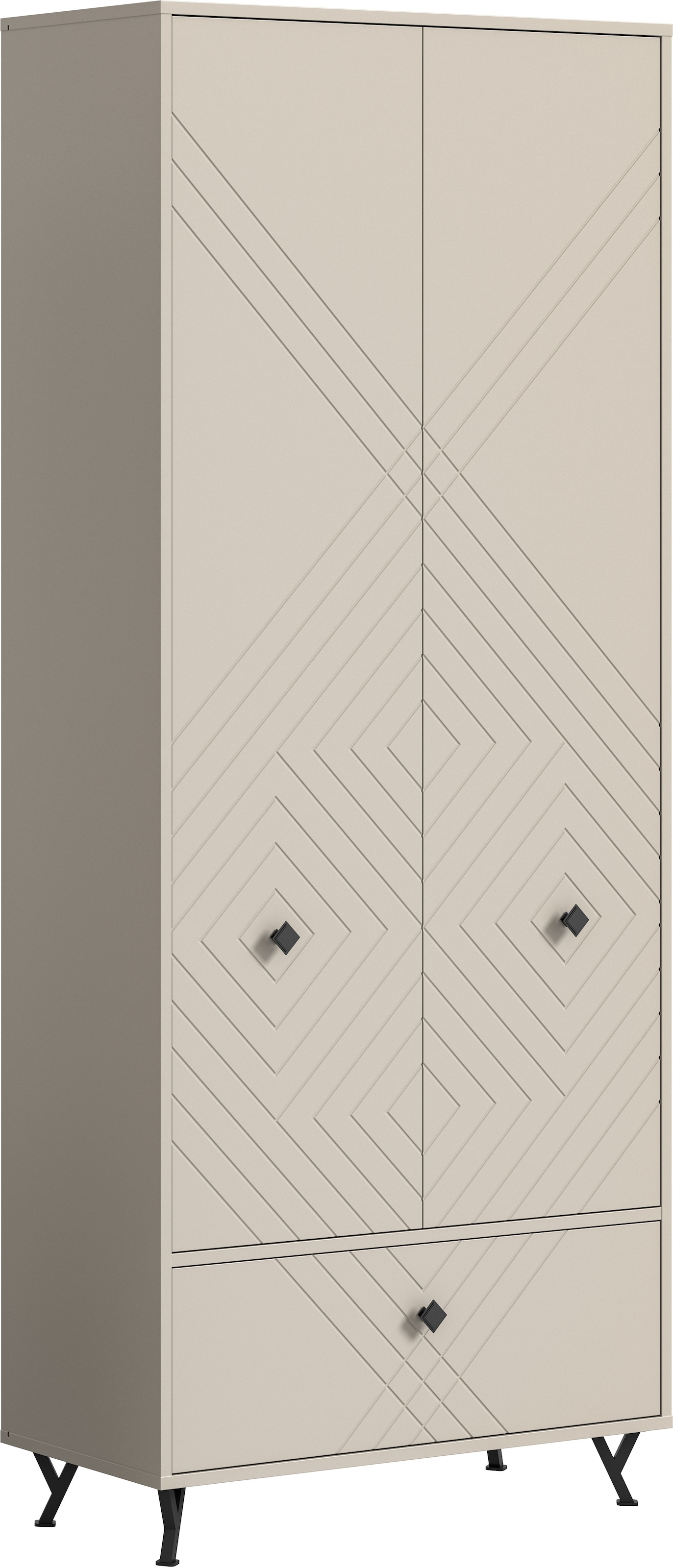 INOSIGN Garderobenschrank »Mento, Höhe 190cm, 2 Türen, 1 Klappe, 4 Einlegeböden, 6 Fächer«, Metall Knopfgriffe & Y-Füße, Front mit Ornamentfräsung, Kleiderschrank