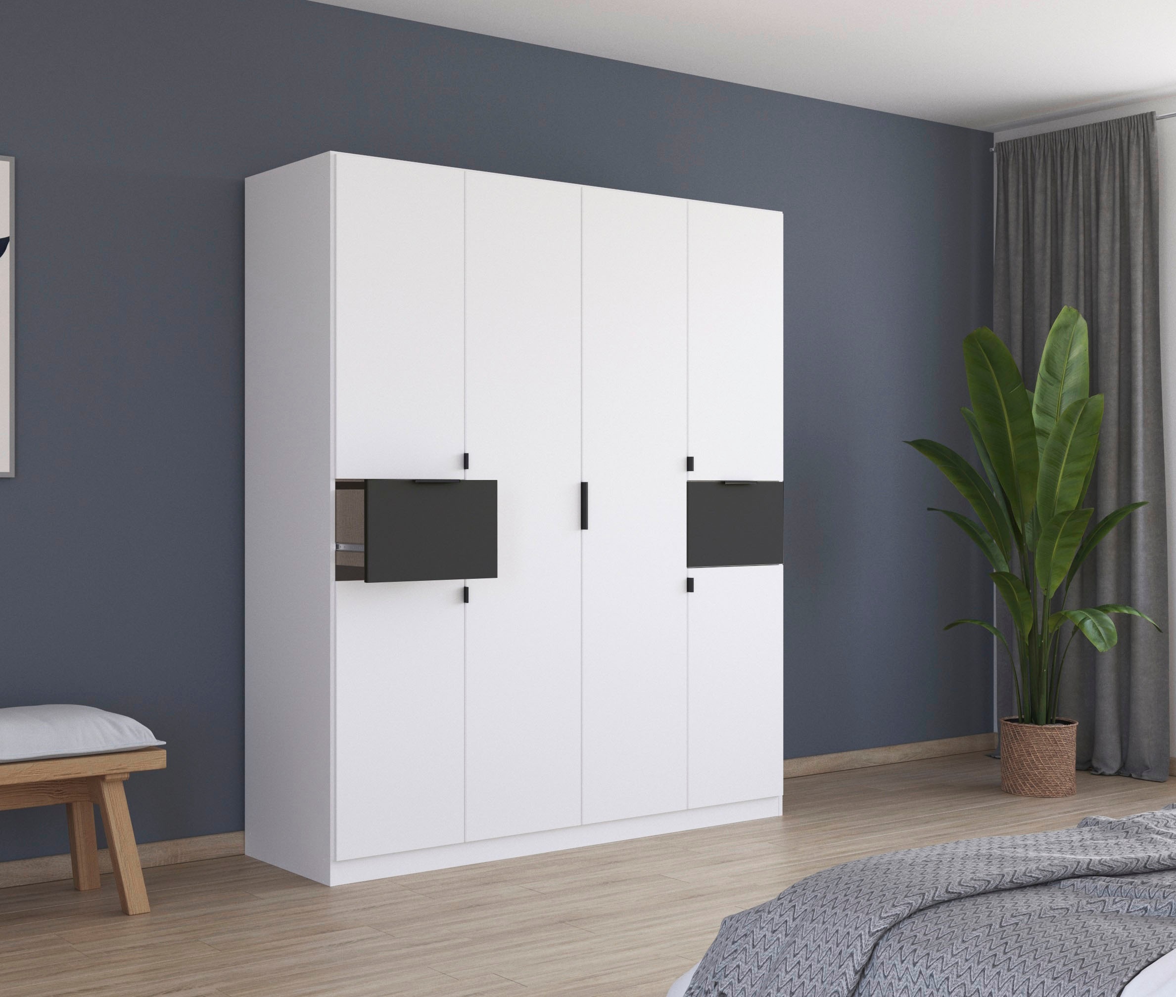 rauch Drehtürenschrank "Kleiderschrank Schrank Garderobe Wäscheschrank TICAO" Schubladen in der Höhe variabel positionierbar, mit 2 geräumigen Schubladen, viel Stauraum MADE IN GERMANY