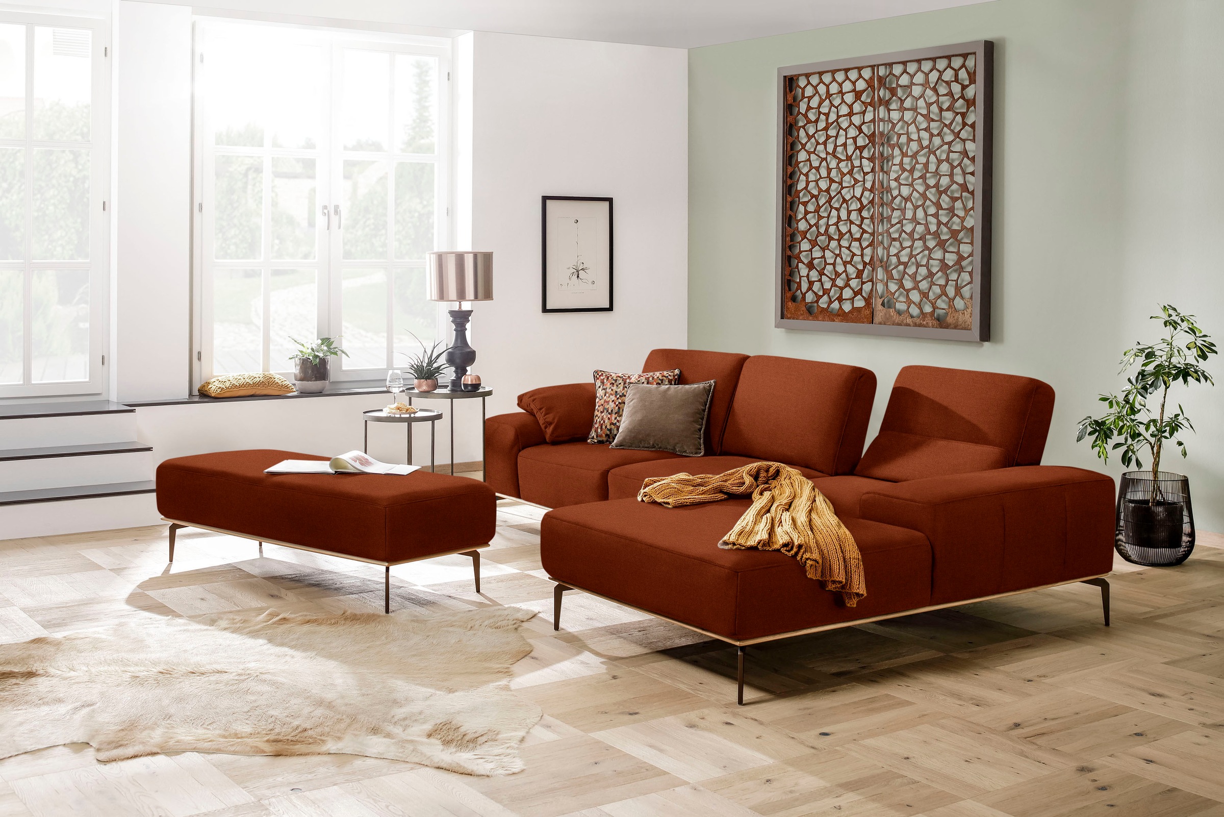 W.SCHILLIG Ecksofa »run, Designsofa mit tollem Sitzkomfort, L-Form«, mit Holzsockel, Füße in Bronze pulverbeschichtet, Breite 299 cm