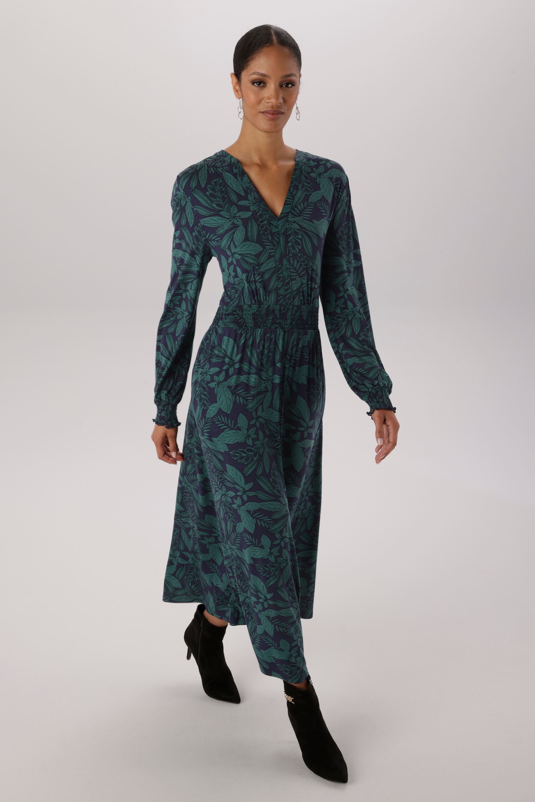 Aniston SELECTED Midikleid mit Smok-Details und fantasievollem Bläterdruck - NEUE KOLLEKTION