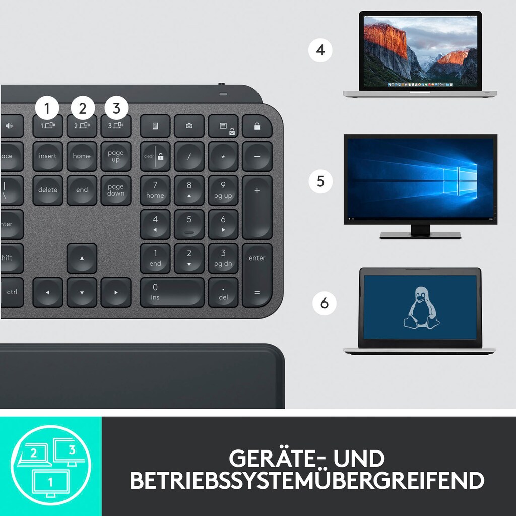 Logitech Tastatur »MX Keys Plus Advanced - GRAPHITE«, (Handgelenkauflage), Nummernblock