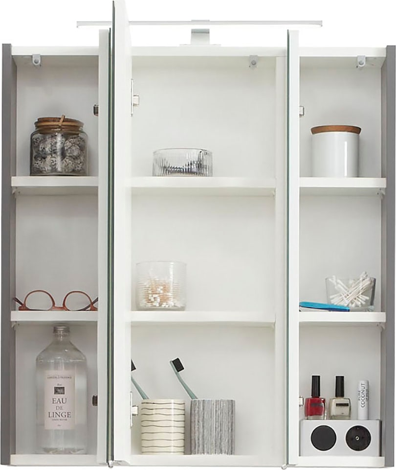 Saphir Spiegelschrank »Quickset 357 Badschrank, 3 Spiegeltüren, 6 Einlegeböden, 65 cm breit«, inkl. LED-Beleuchtung, Türdämpfer, Schalter-/Steckdosenkombination