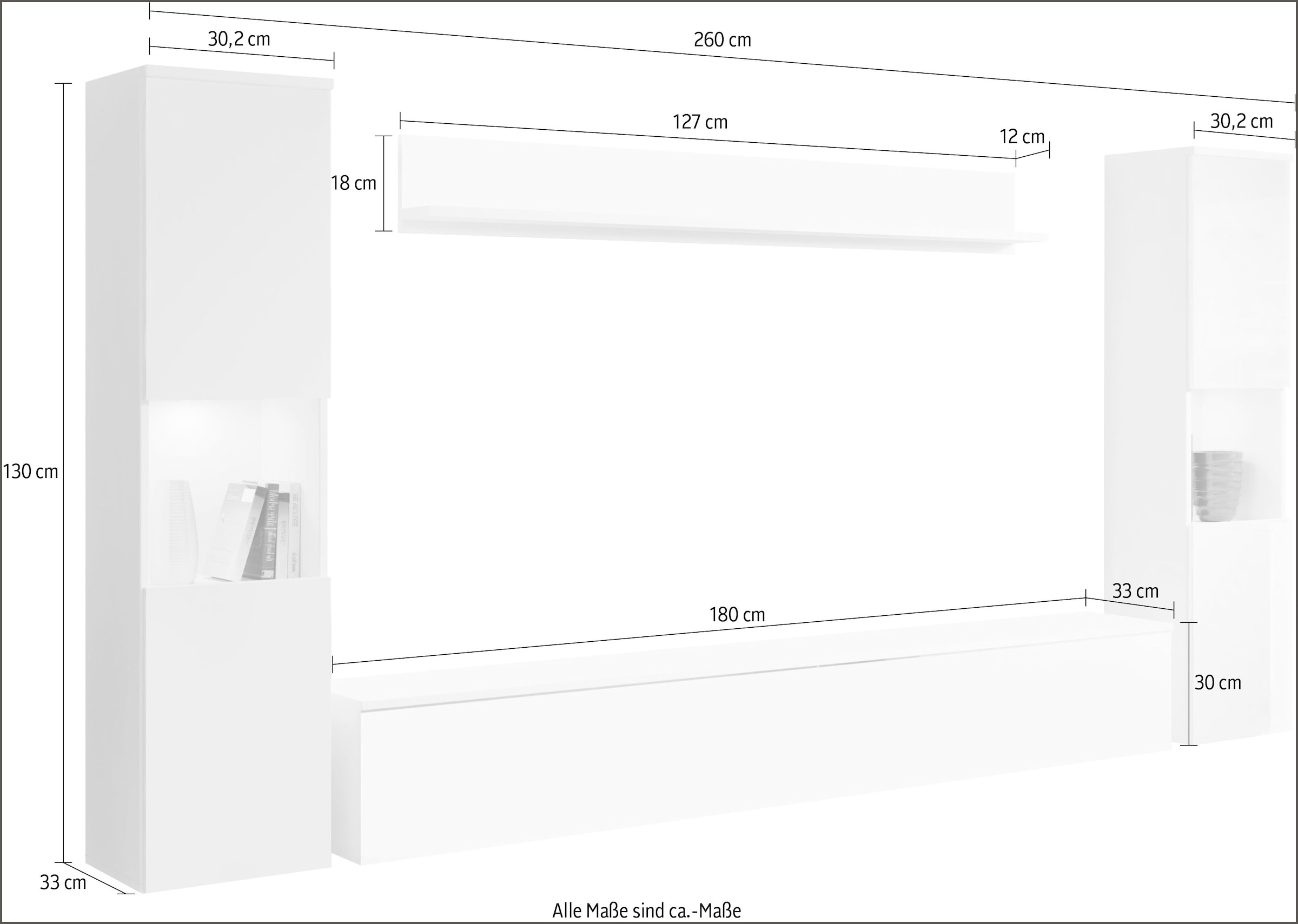INOSIGN Wohnwand »PARIS, Vitrine Türanschlag links/rechts wechselbar«, (Komplett-Set, 4 St.), grifflose Design, stehend und hängend montierbar