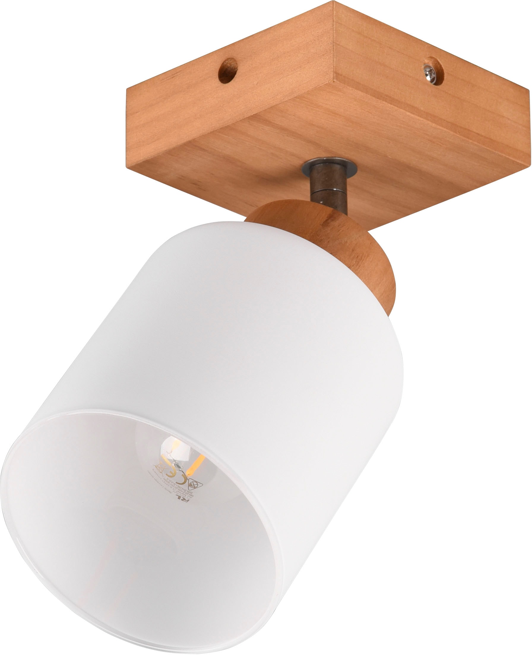 REALITY Leuchten Deckenstrahler »Assam«, 1 flammig, Leuchtmittel E14 | ohne Leuchtmittel, Spot 1-flg. Naturholz, exkl 1xE14 max 25W, Glasschirm weiß schwenkbar