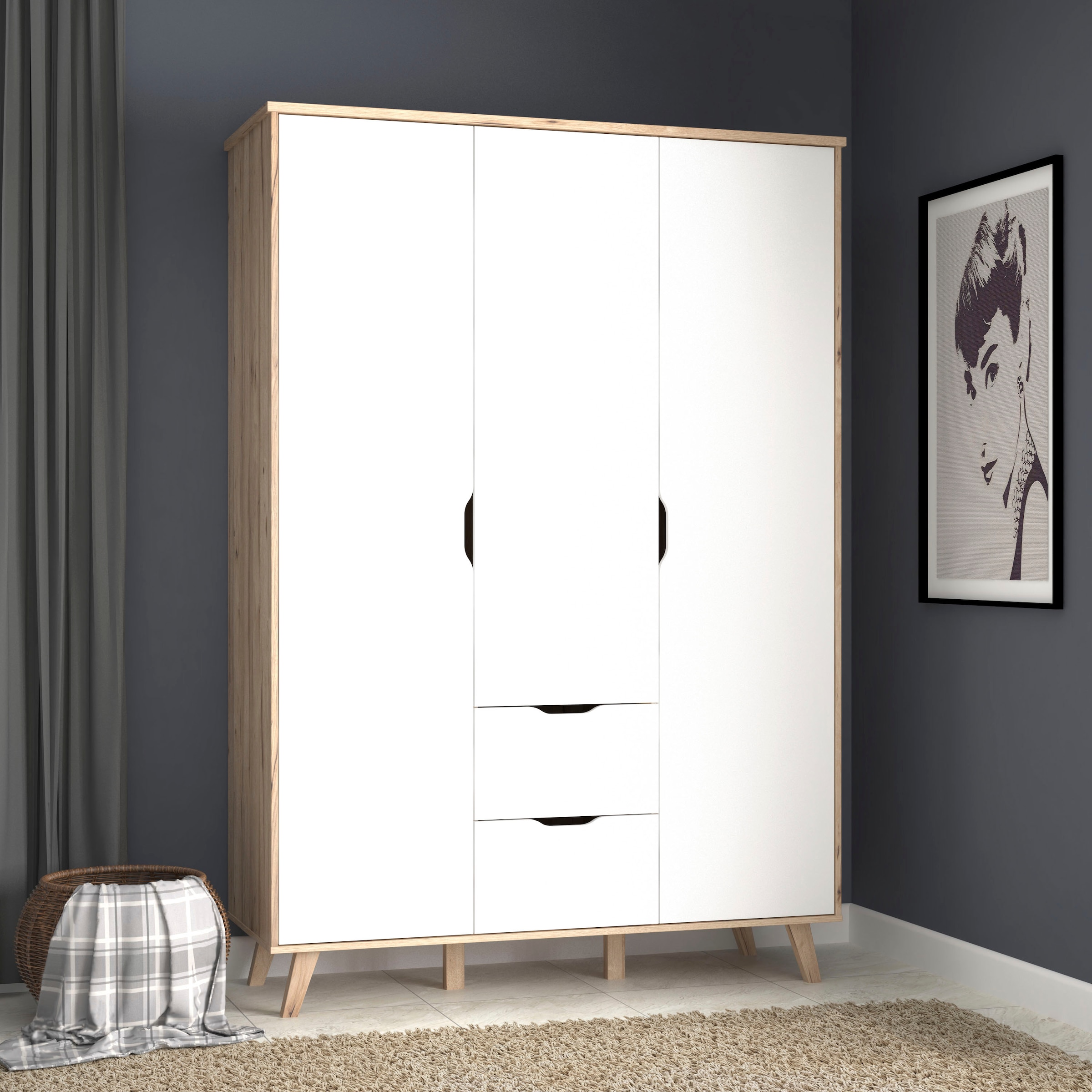 FORTE Drehtürenschrank »Vankka, Kleiderschrank, viel Stauraum,«, (B/H/T ca.140x200x52cm), Made in Europe,mit Einlegeböden+Kleiderstange+Schubladen,grifflos