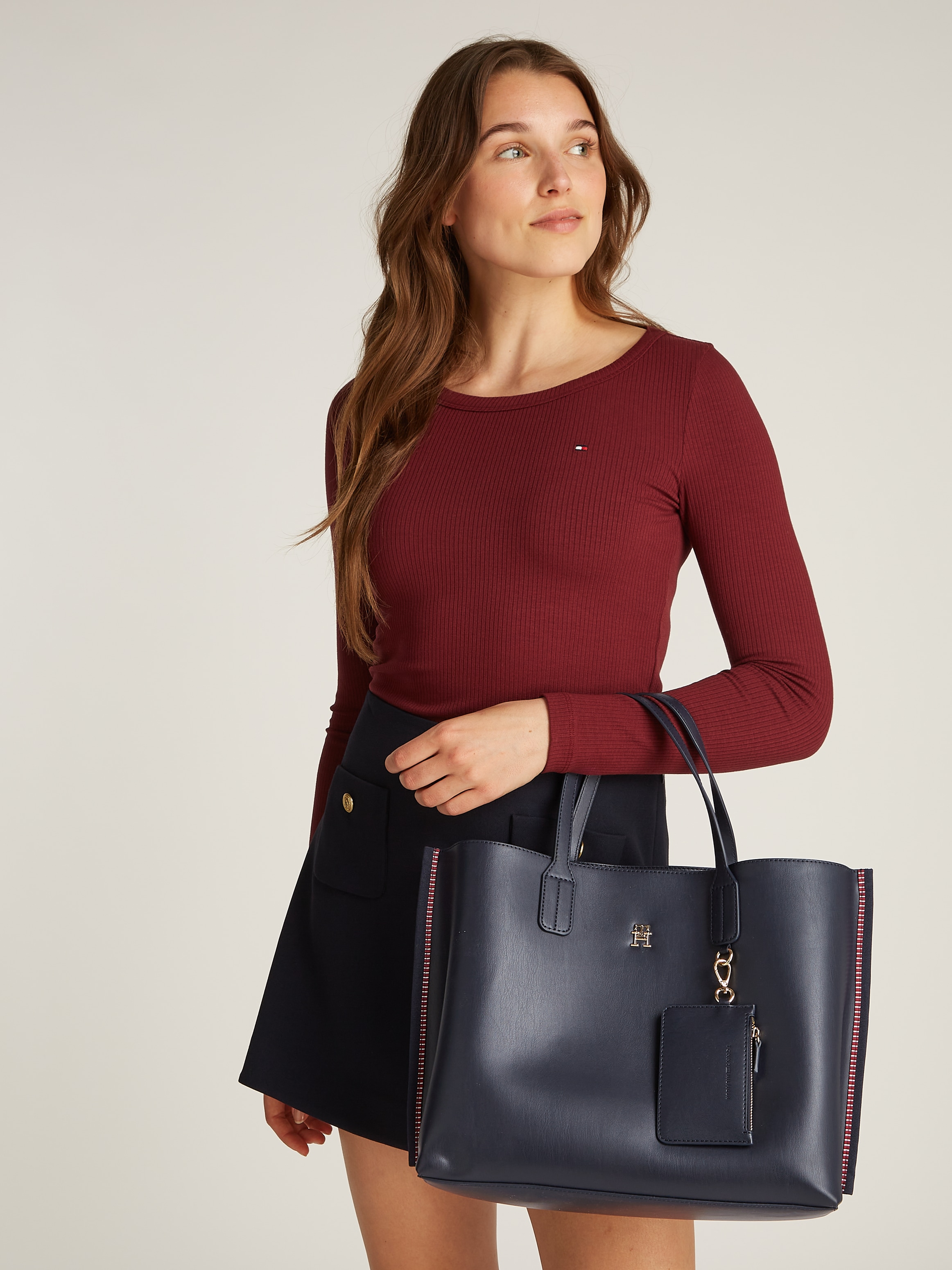 Tommy Hilfiger Schultertasche »TH DISTINCT SATCHEL CORP«, Damen Beuteltasche, Henkeltasche, Shopper mit seitlichem Streifen