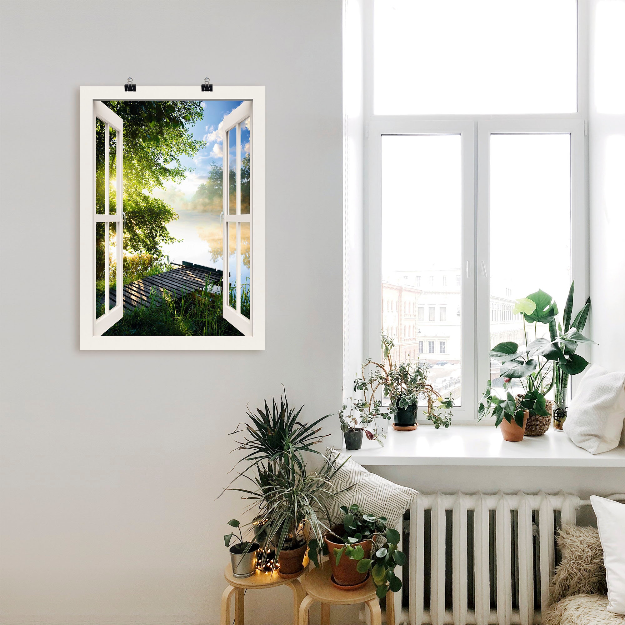 Artland Wandbild »Fensterblick Angelsteg am Fluss«, Fensterblick, (1 St.), als Alubild, Outdoorbild, Leinwandbild, Poster, Wandaufkleber