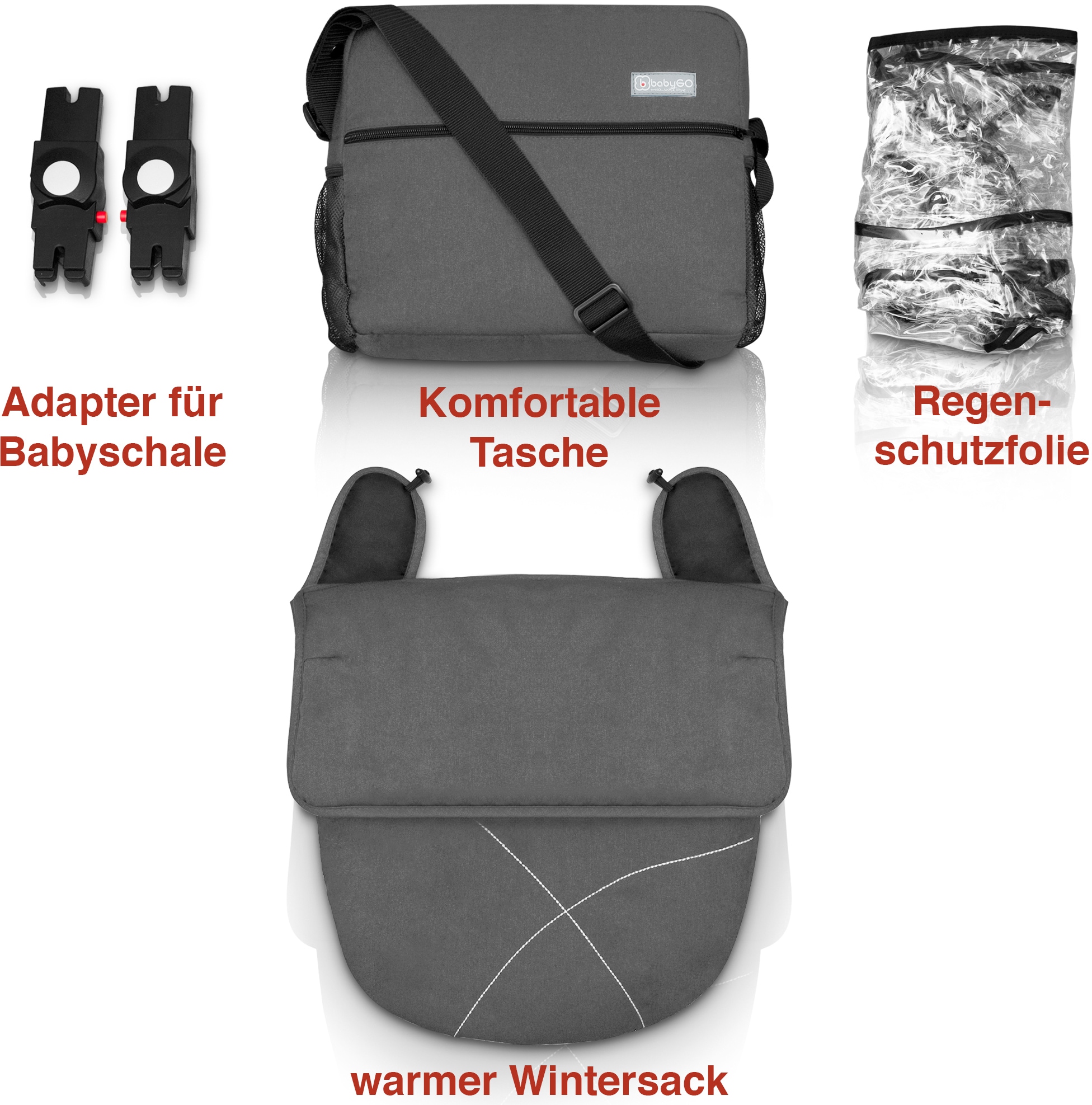 BabyGo Kombi-Kinderwagen »Halime 3in1«, inklusive Babywanne, Babyschale, Regenhaube & Wickeltasche