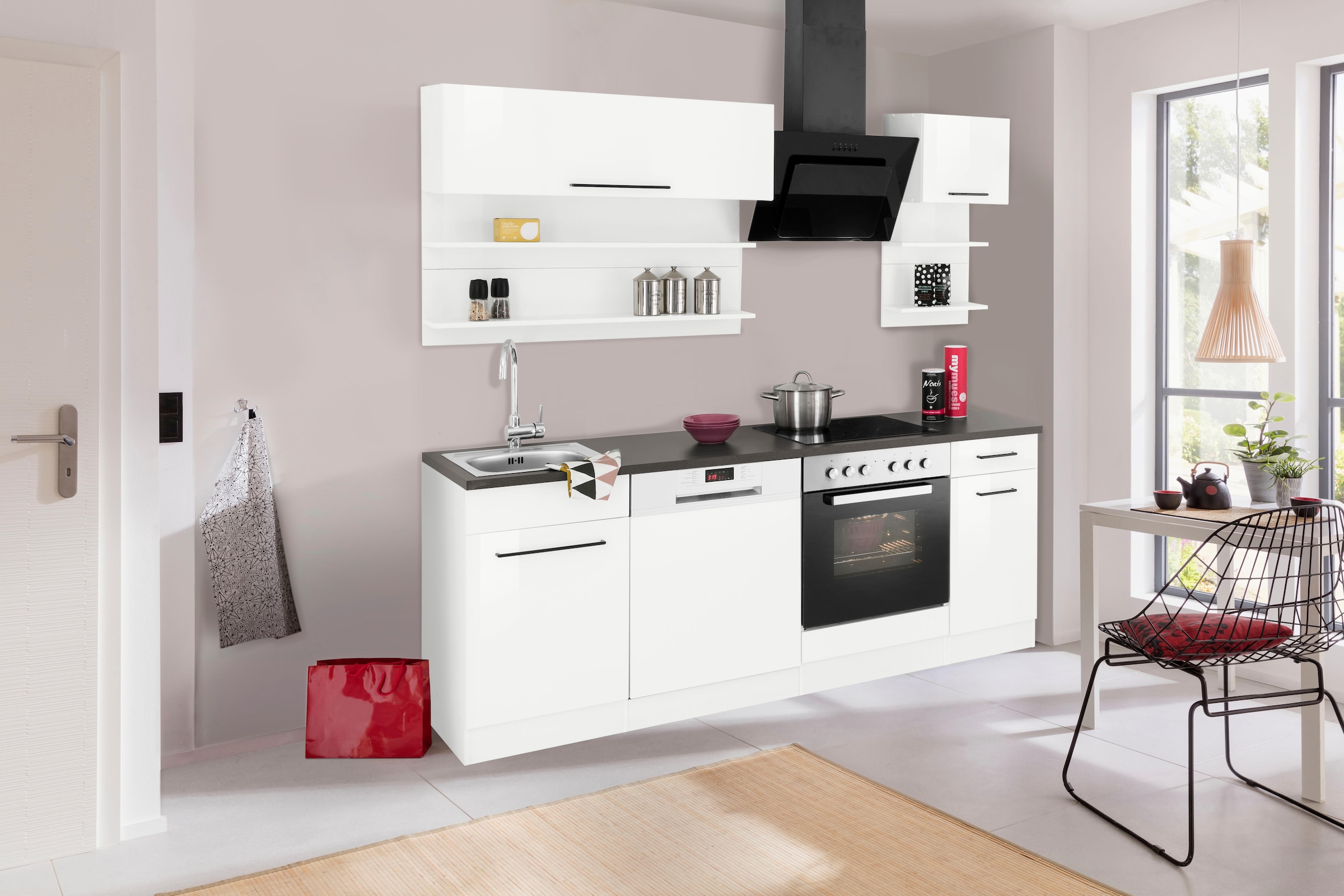 KOCHSTATION Küchenzeile »KS-Tulsa« ohne E-Geräte, Breite 210 cm, schwarze Metallgriffe, MDF Fronten