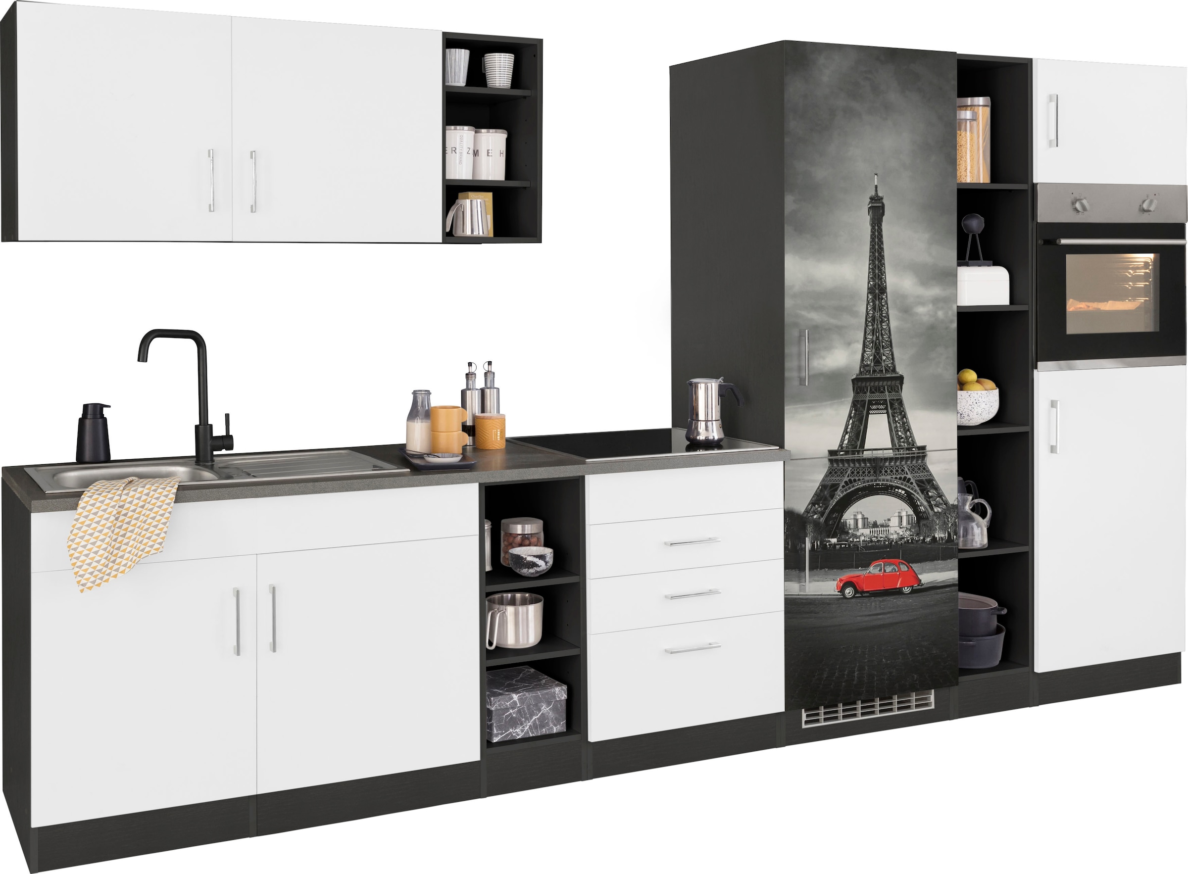 KOCHSTATION Küchenzeile »KS-Paris – Küchen mit einzigartigen Fotomotiven auf den Fronten« Breite 340 cm, wahlweise mit E-Geräten und Induktion