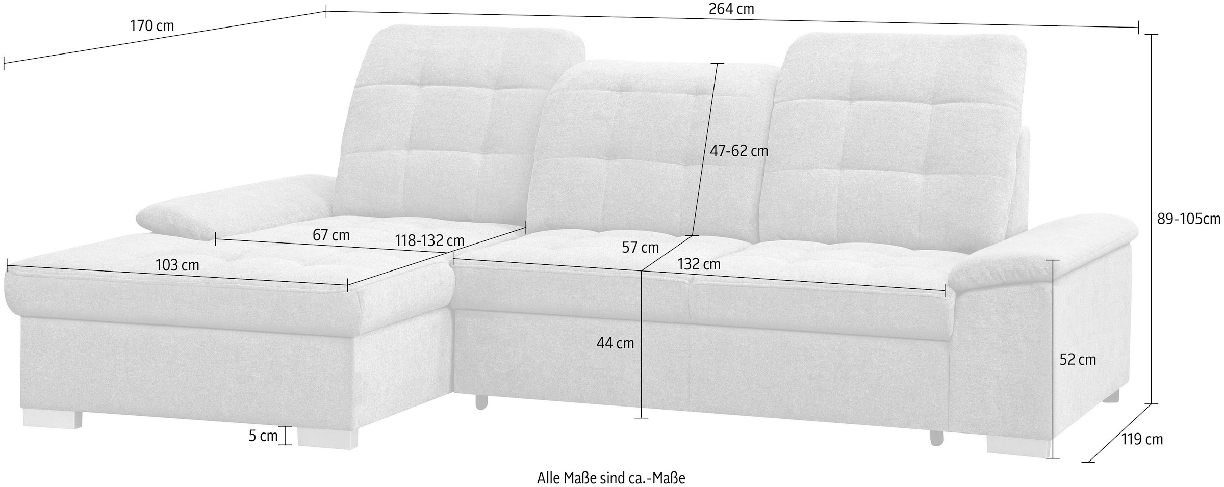 WERK2 Ecksofa »Carmen 264 cm breit L-Form Sofa Schlaffunktion Kopfstützen verstellbar« Schlafcouch mit Bettkasten, Eckcouch wahlw. mit Sitztiefenverstellung