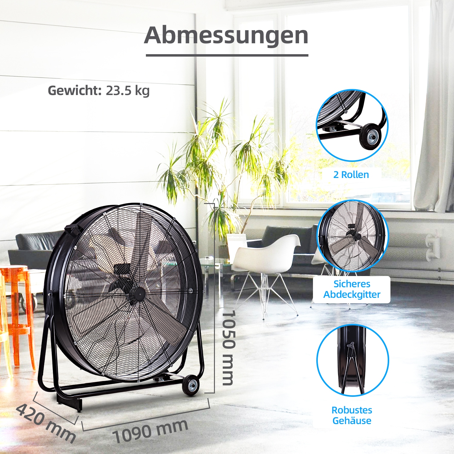 be cool Windmaschine »Industrie-Windmaschine 90cm BCIWM90CM schwarz«, fahrbarer, Vollkupfermotor, Aluminium-Rotor, Spinnennetz-Schutzgitter