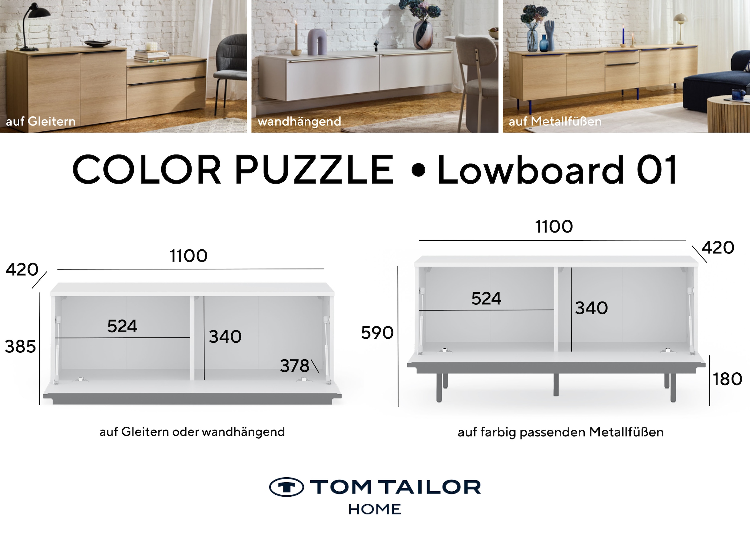 TOM TAILOR HOME Couchtisch »COLOR PUZZLE Couchtisch 1 Schublade mit farbigem Griff« Breite 1100 mm – Stauraum mit besonderem Farbkick
