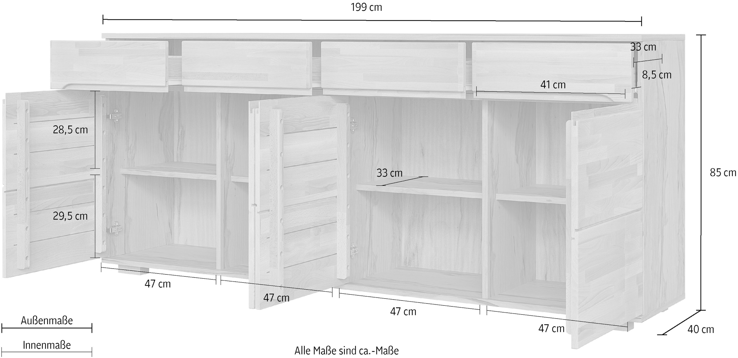 OTTO home Sideboard »VETRO Teilmassiv, Fronten Massivholz, Wohnzimmer, Stauraum,Griffmulde« B/T/H:199/40/85cm, 4Schubladen, 8 geschlossen Fächer, Stauraum